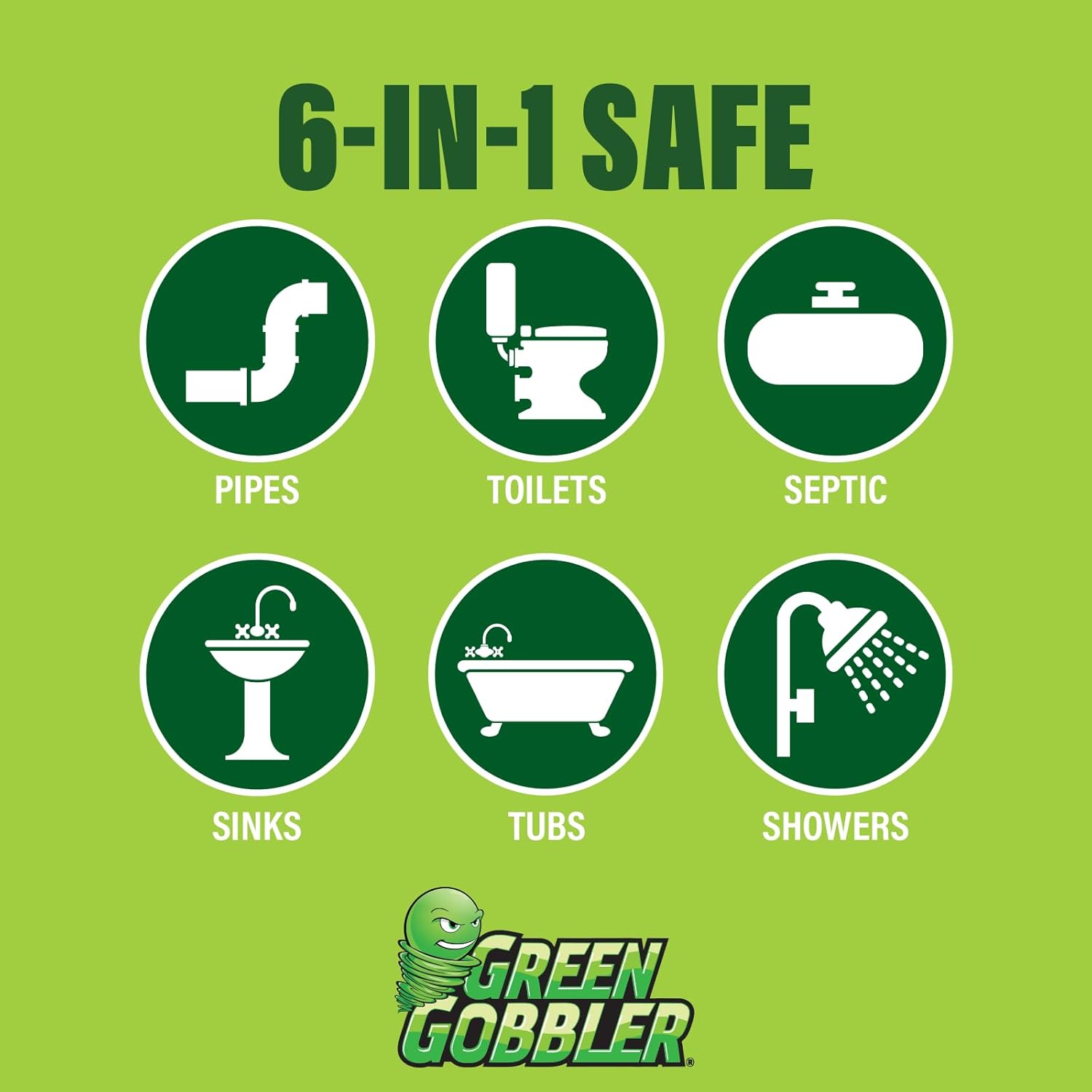 Green Gobbler drain clog dissolver is safe for pipes, toilets, septics, sinks and more.