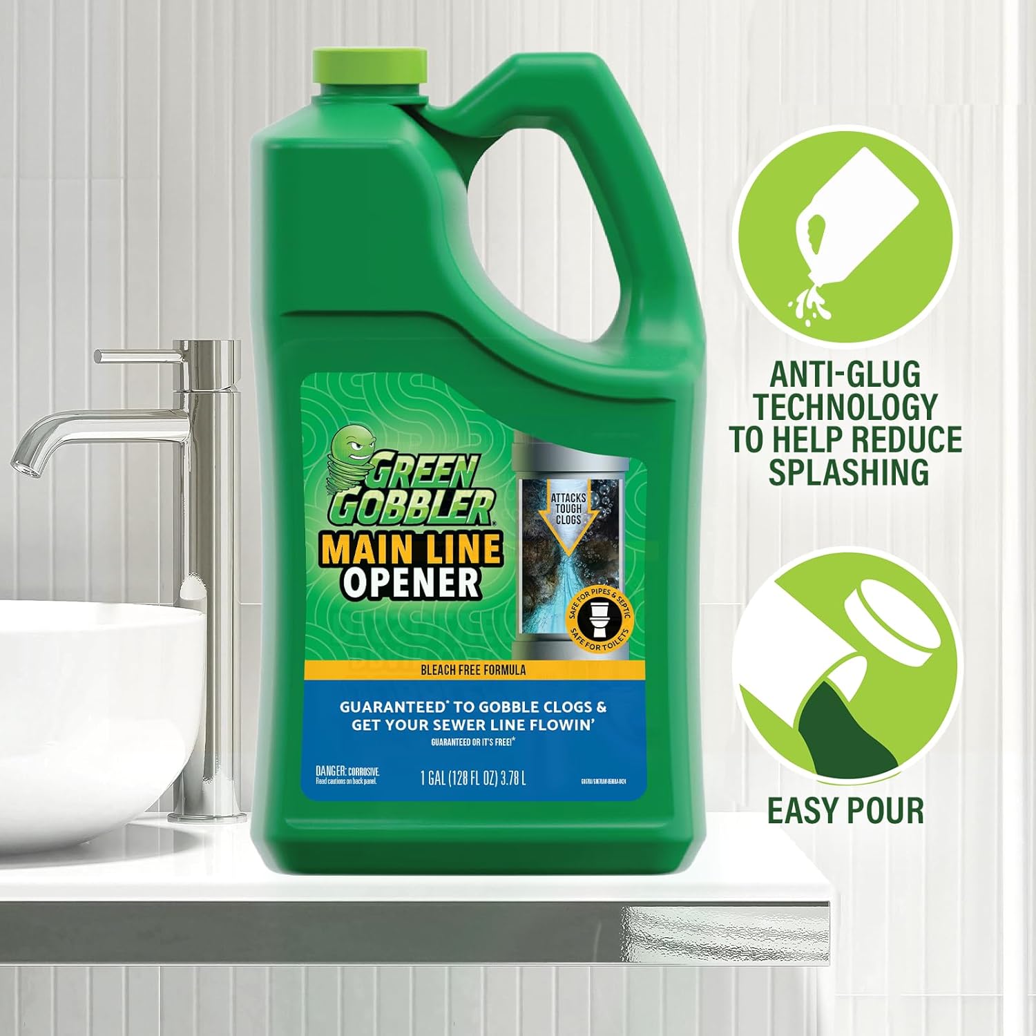 Green Gobbler main line opener is guaranteed to google clogs - anti glue technology to help reduce splashing and easy pour.