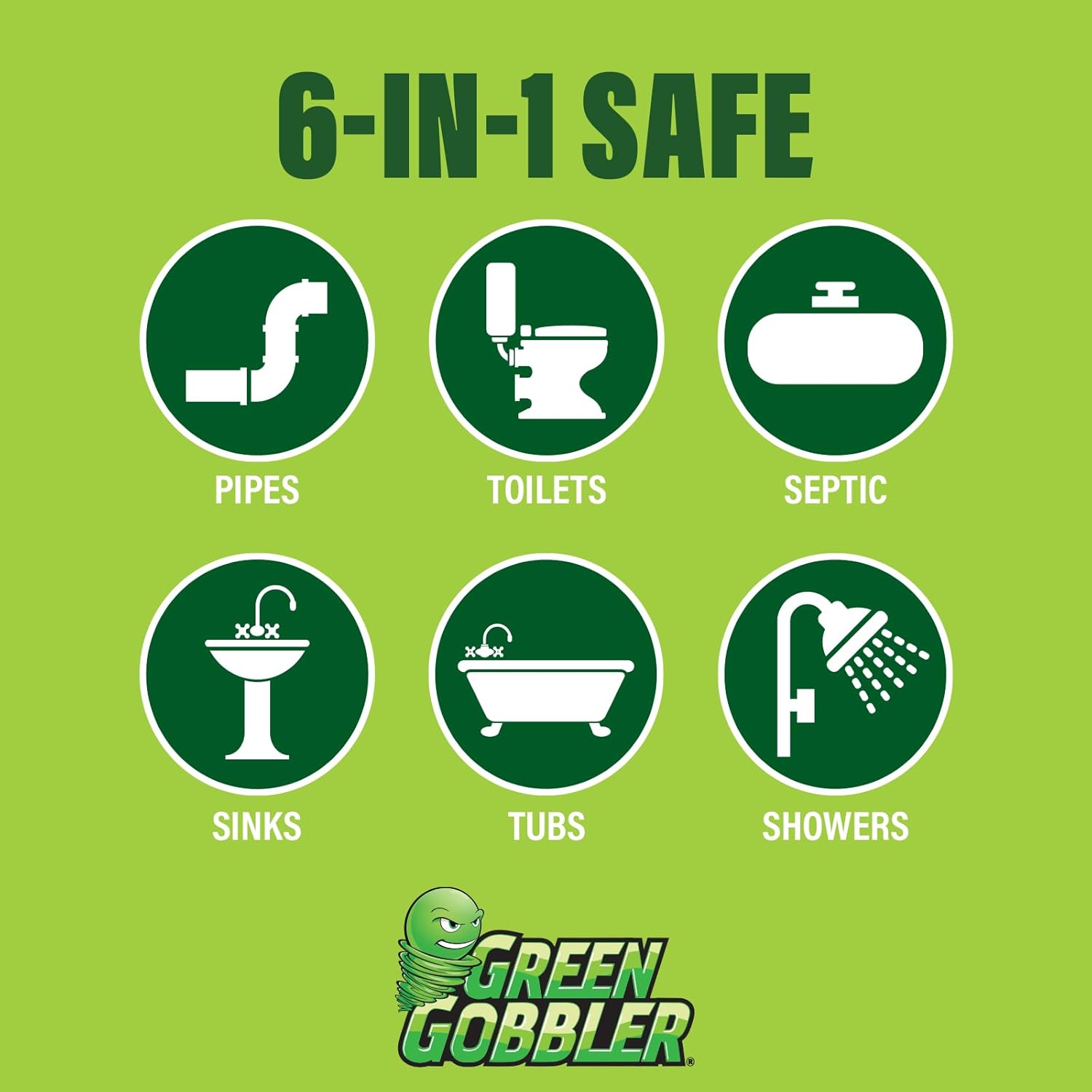Green Gobbler main drain opener is safe in pipes, toilets, septic tanks, sinks tubs and showers.
