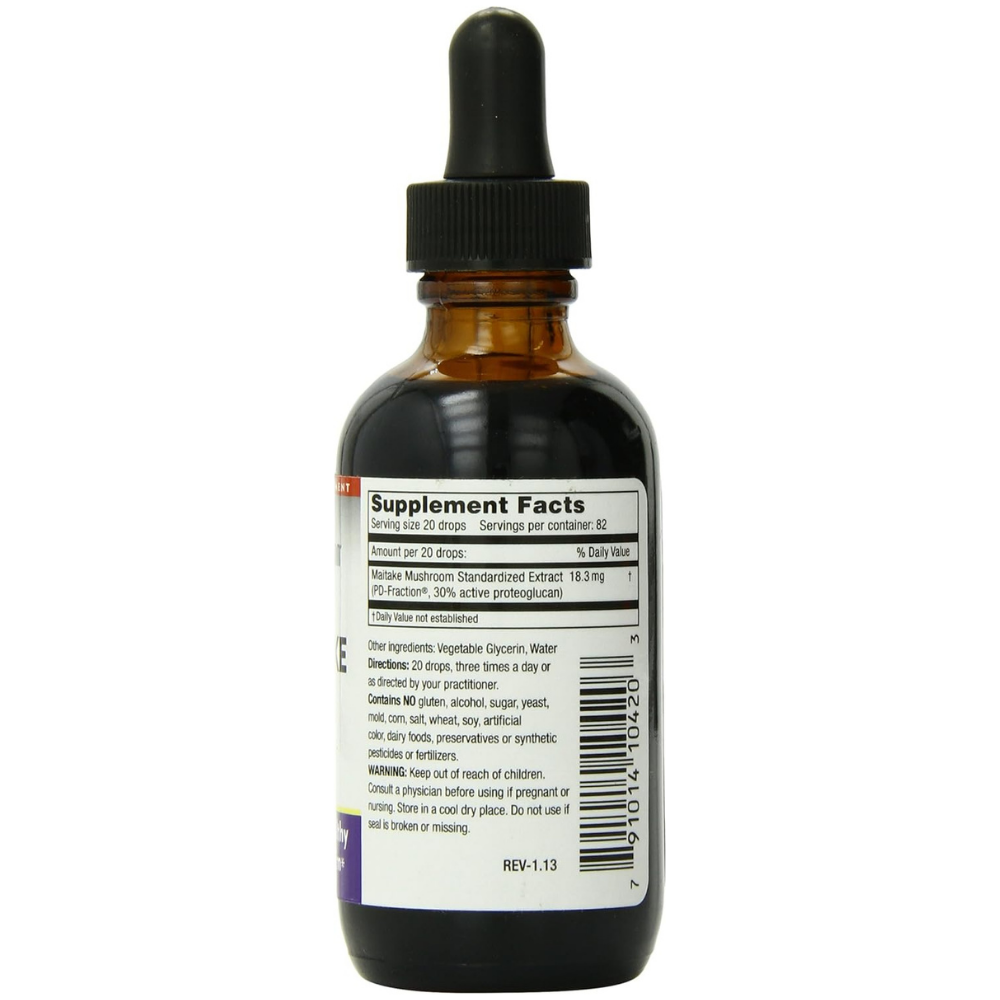Bottle of mushroom wisdom grifron Maitake - D Fraction supplement facts, includes water and vegetable glycerin.