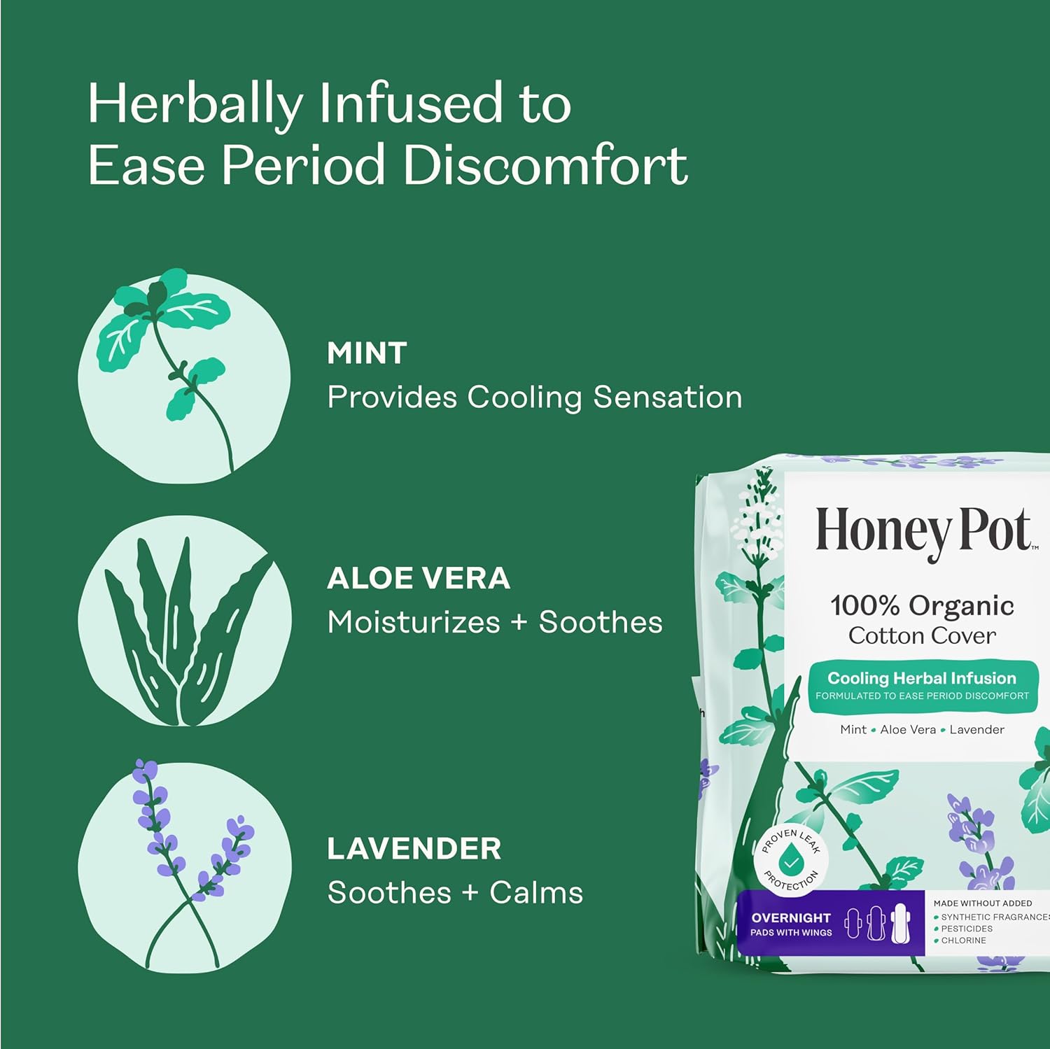 The Honey Pot Cooling Herbal Infusion Overnight Pads | 12 Count