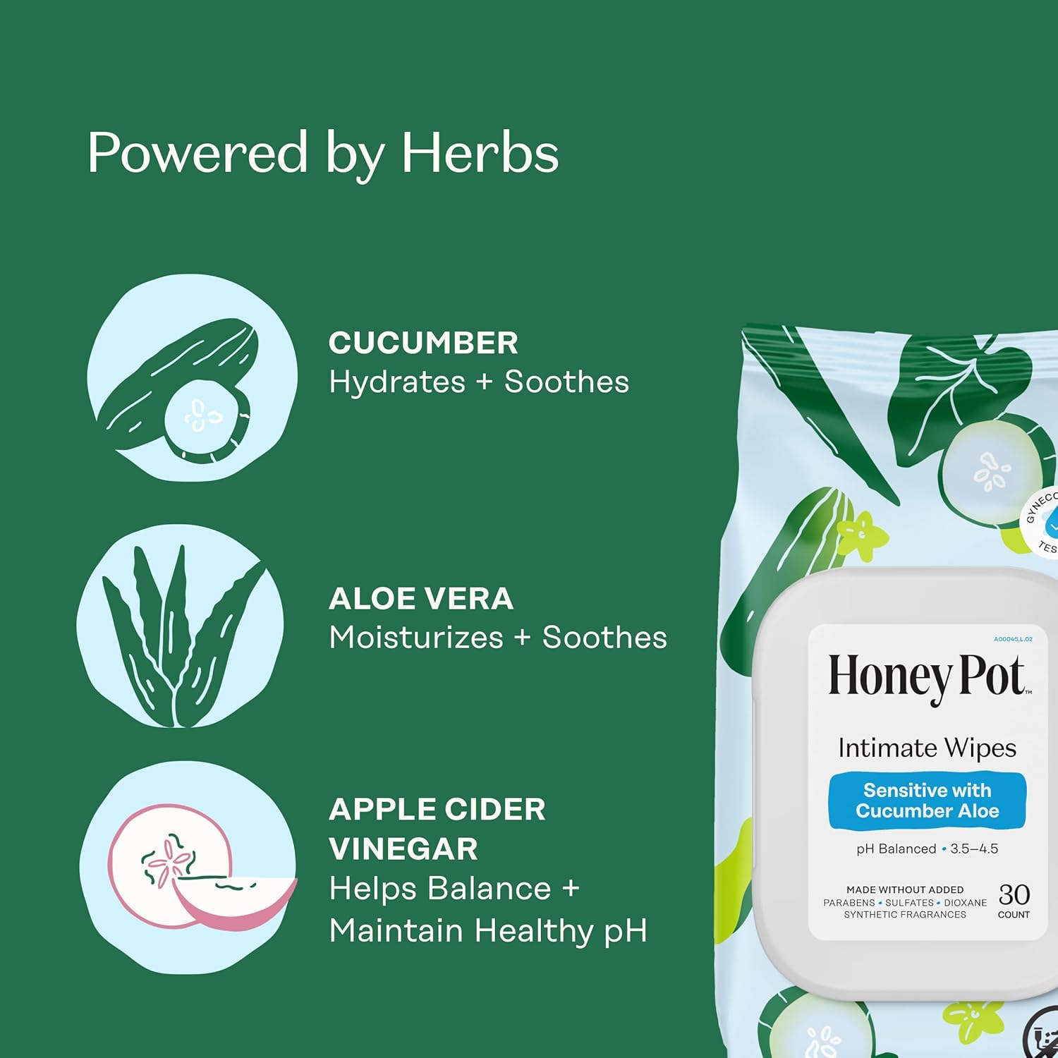 The Honey Pot Intimate Wipes | Cucumber Aloe | 30 wipe