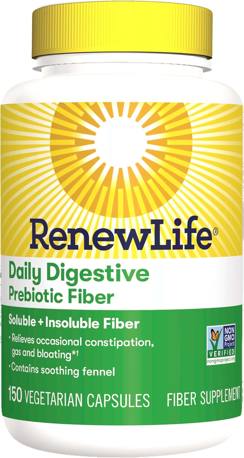 Renew Life Adult Daily Digestive Prebiotic Fiber, 150 Vegetarian Capsules (Package May Vary)