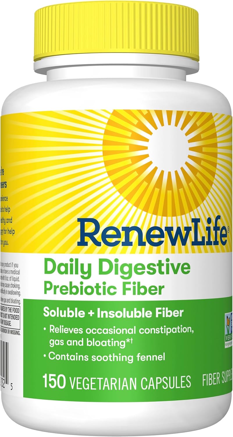 Renew Life Adult Daily Digestive Prebiotic Fiber, 150 Vegetarian Capsules (Package May Vary)