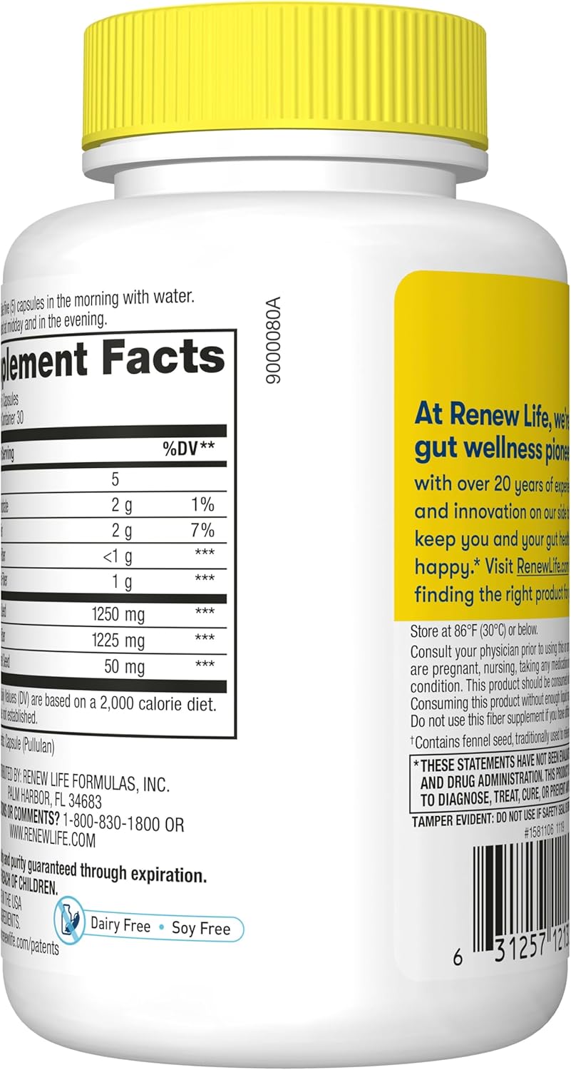 Renew Life Adult Daily Digestive Prebiotic Fiber, 150 Vegetarian Capsules (Package May Vary)