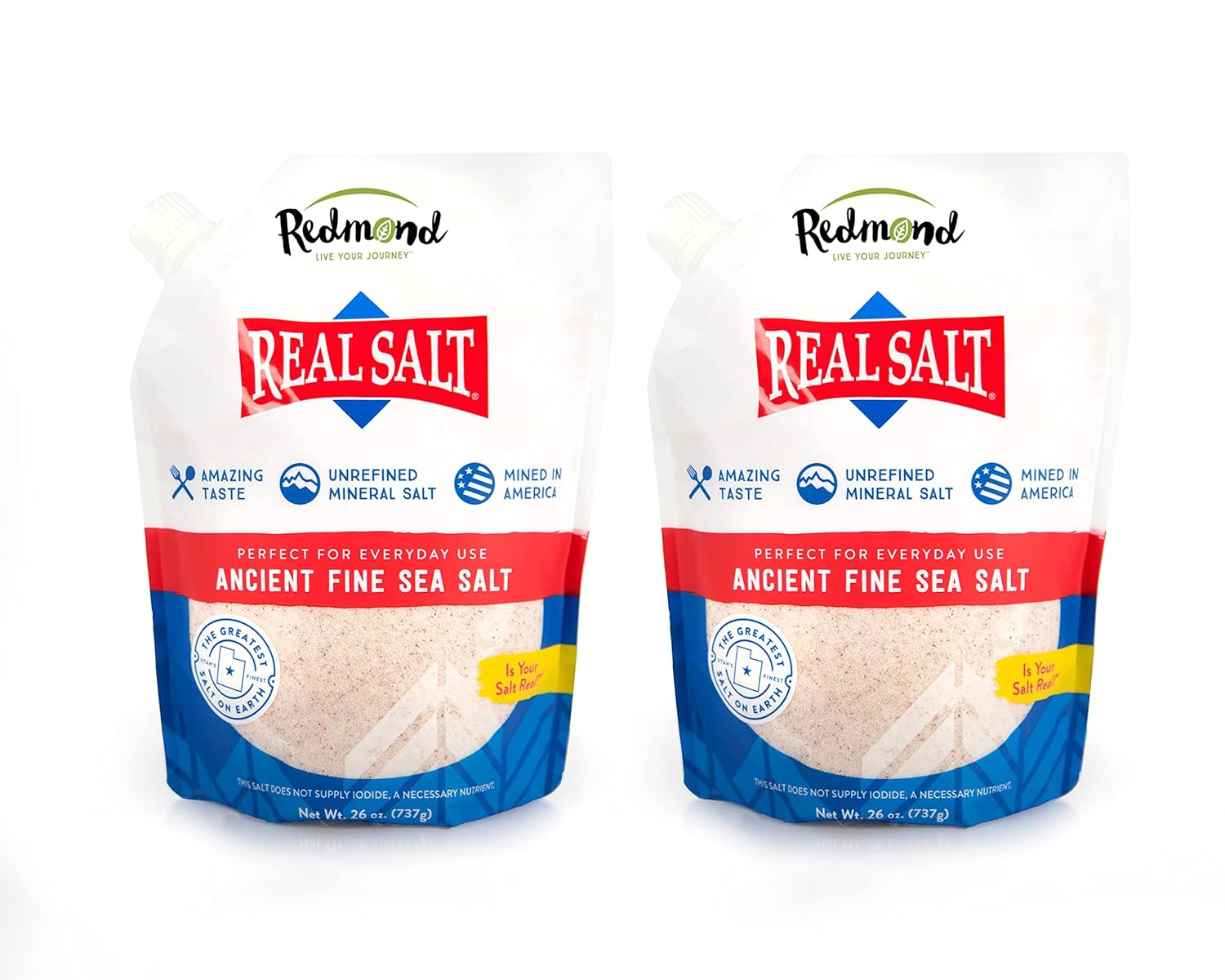 Redmond Real Salt, Ancient Fine Sea Salt, Unrefined Mineral Salt, 26 Ounce Pouch (2 Pack)