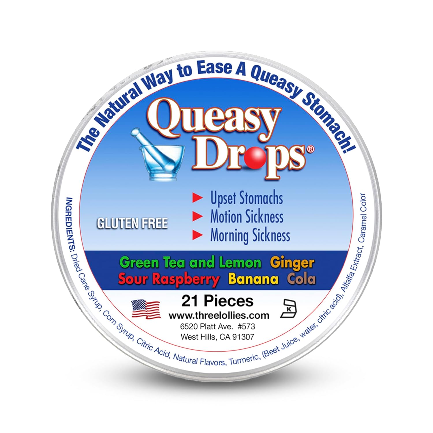 Three Lollies Queasy Drops for Nausea Relief | Assorted | 21 Count