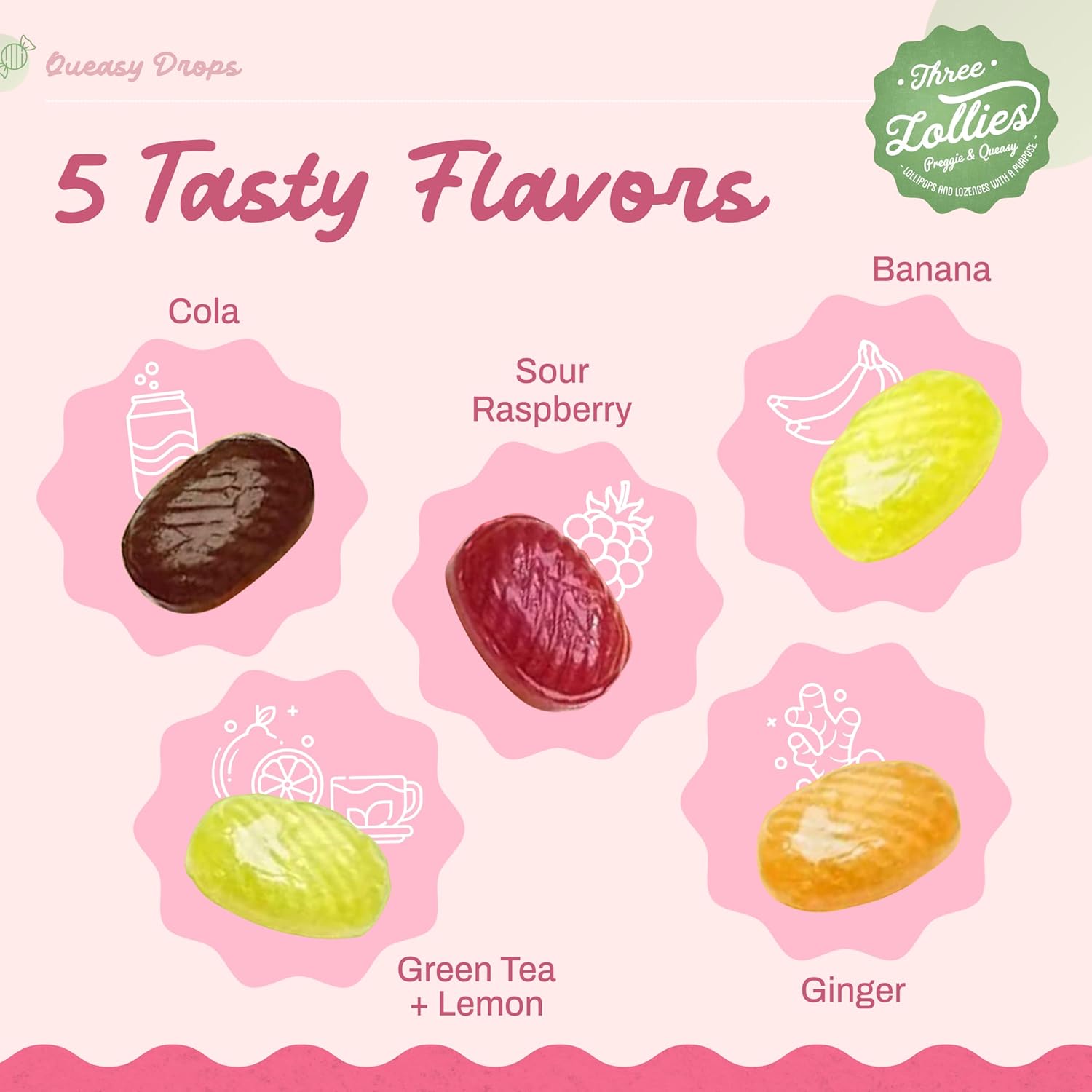 Three Lollies Queasy Drops for Nausea Relief | Assorted | 21 Count