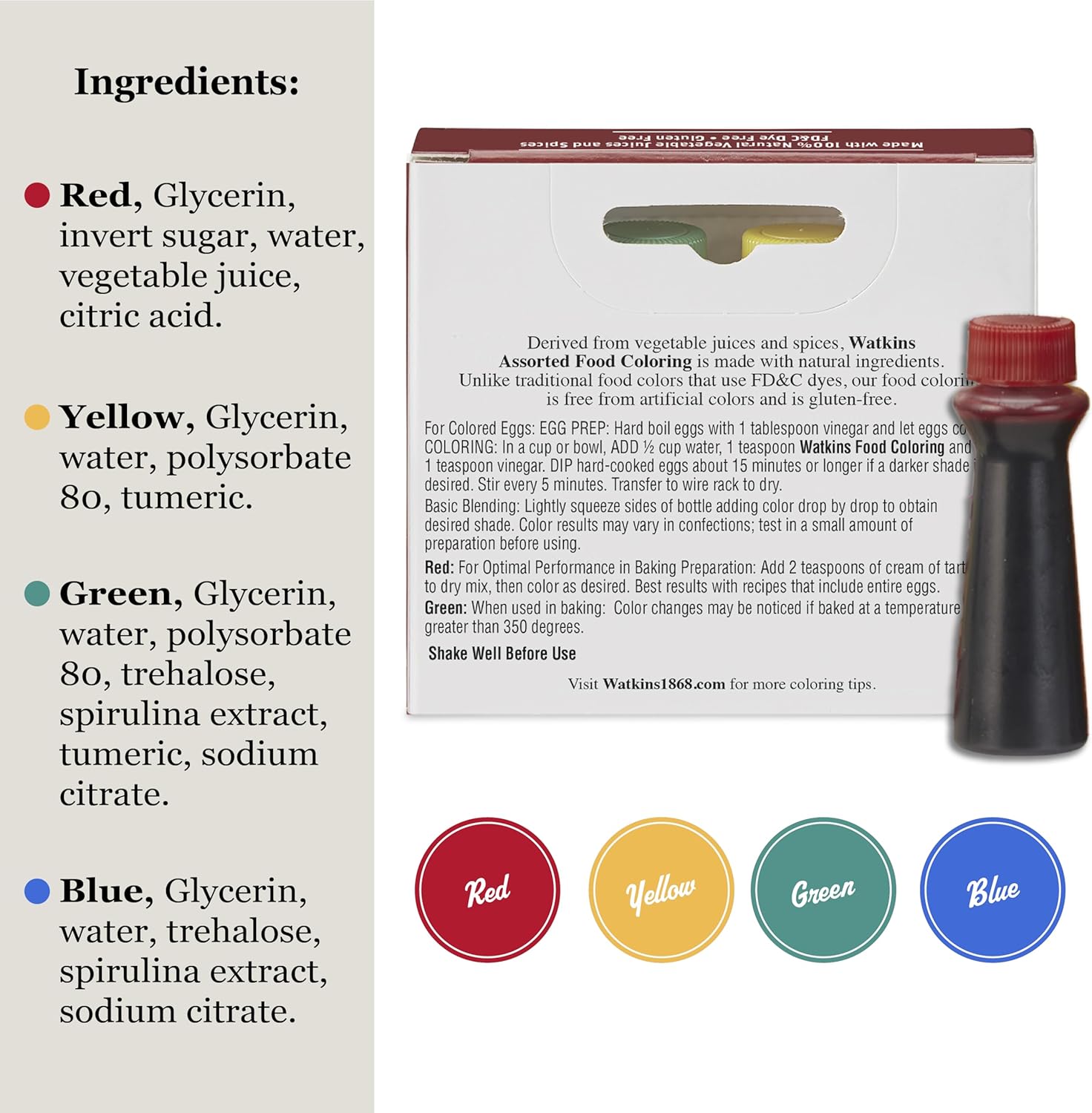 Watkins Assorted Food Colouring, Red/Yellow/Green/Blue | 35ml