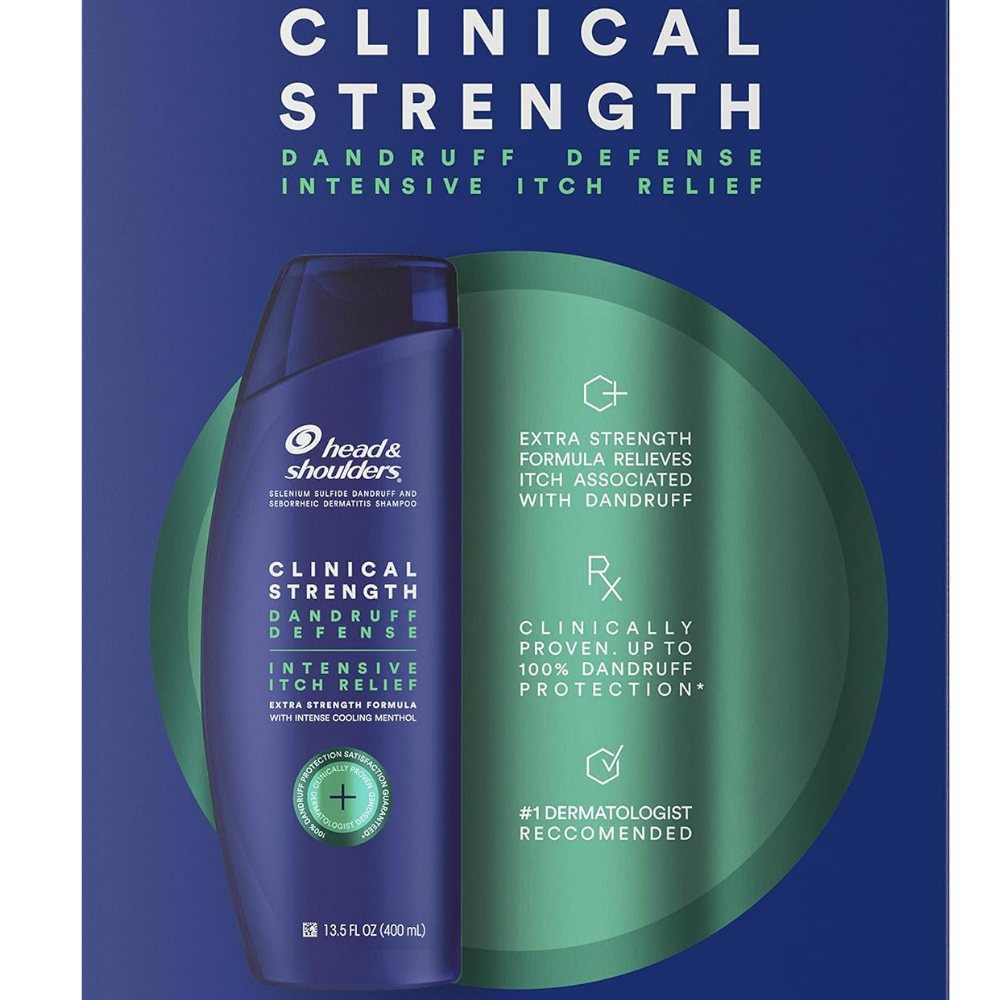 Head & shoulders clinical strength dandruff defense itch relief, 100% dermatologist recommended shampoo.