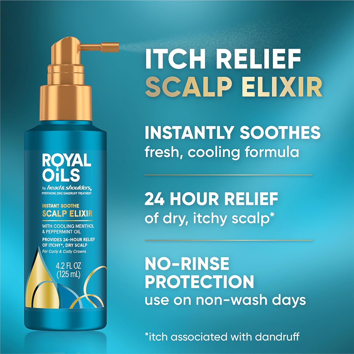 Royal oils by head & shoulders itch relief scalp elixir instantly soothes for 24hour no-rinse protection.