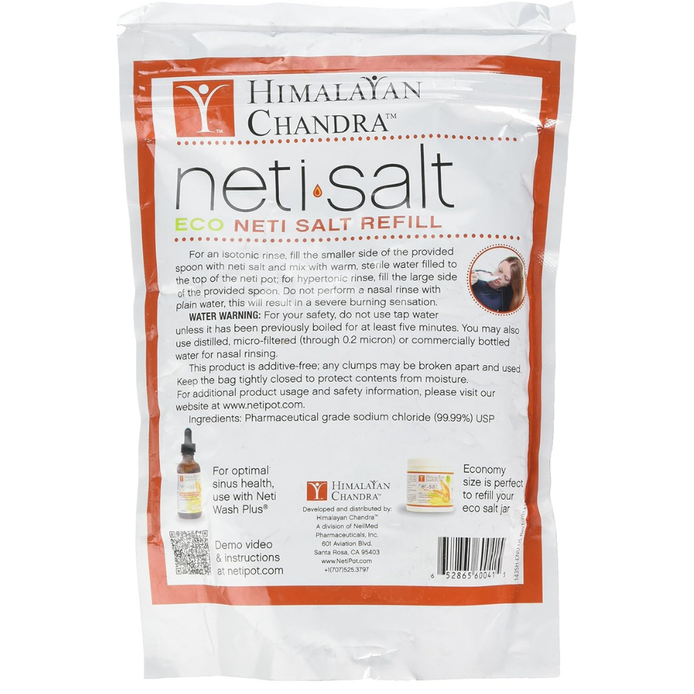 Himalayan Chandra neti salt eco neti salt refill bag with description and warning.