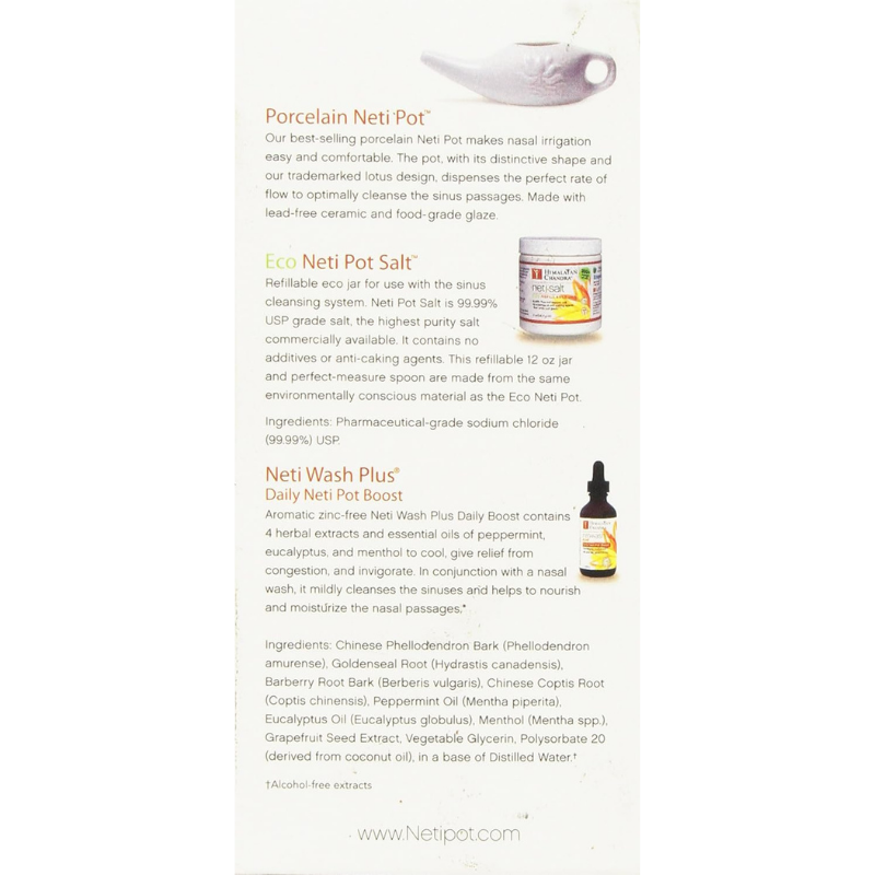 Himalayan Chandra Neti Pot kit includes porcelain neti pot, eco neti pot salt and neti wash plus drops.