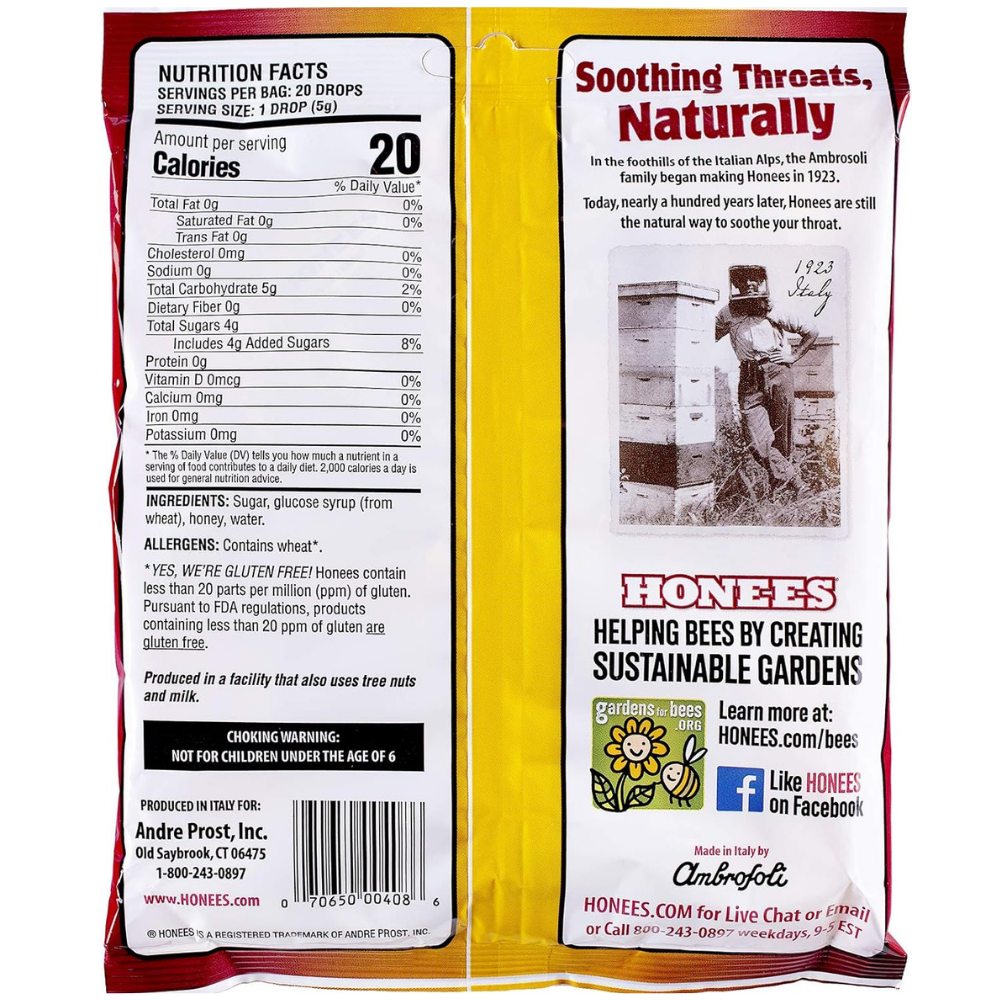 Back of a package of Honees honey filled cough drops with nutrition faces and information
