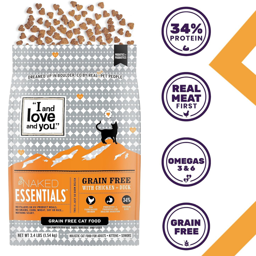 I and Love and You makes essentials pet food with 34% protein, real meat and Omegas 3 & and 6