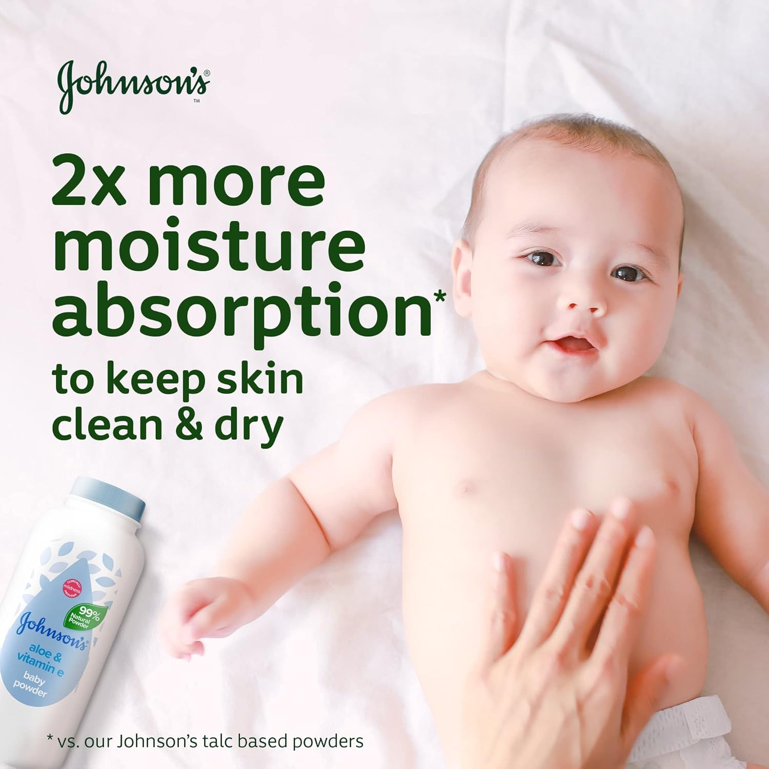 Johnson's & Johnsons baby powder has 2x more moisture absorption to keep baby skin clean and dry