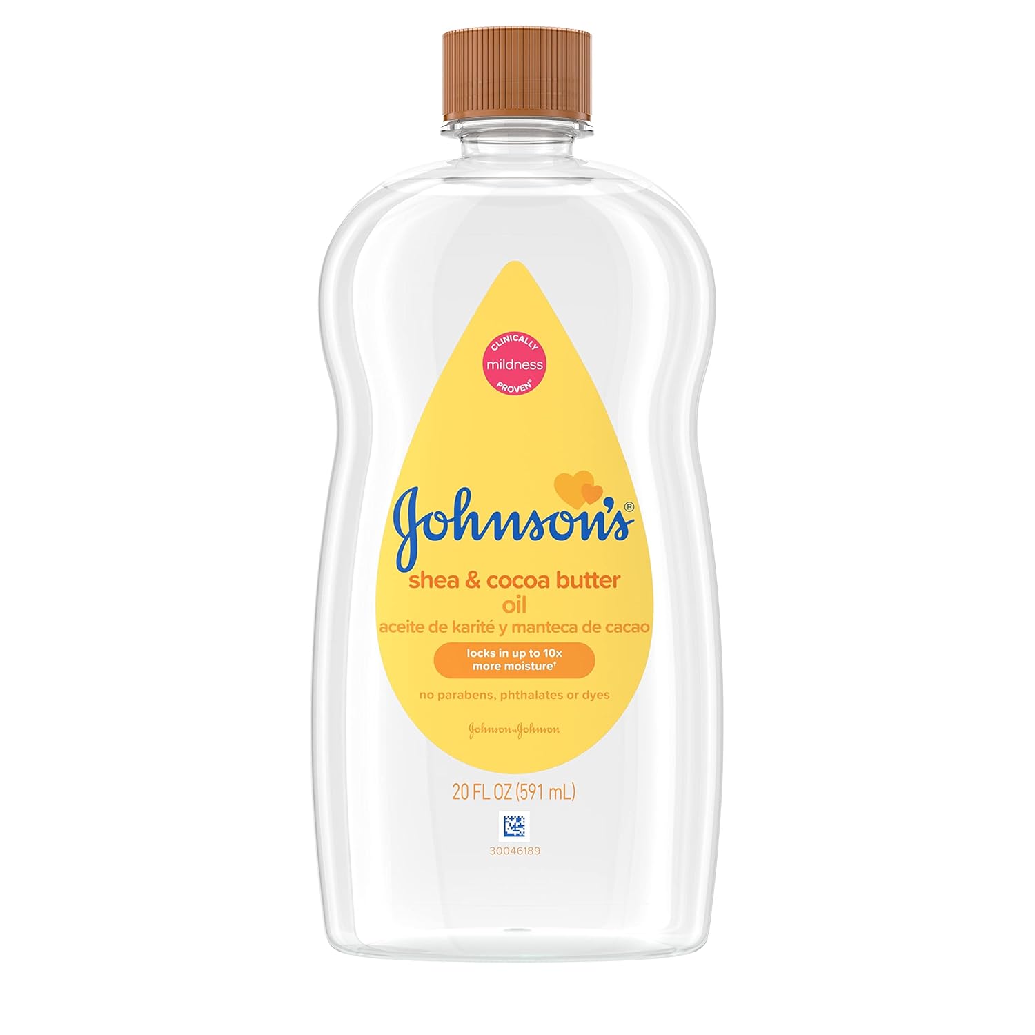 A plastic bottle of Johnson's & Johnsons baby oil with shea & cocoa butter to lock in moisture