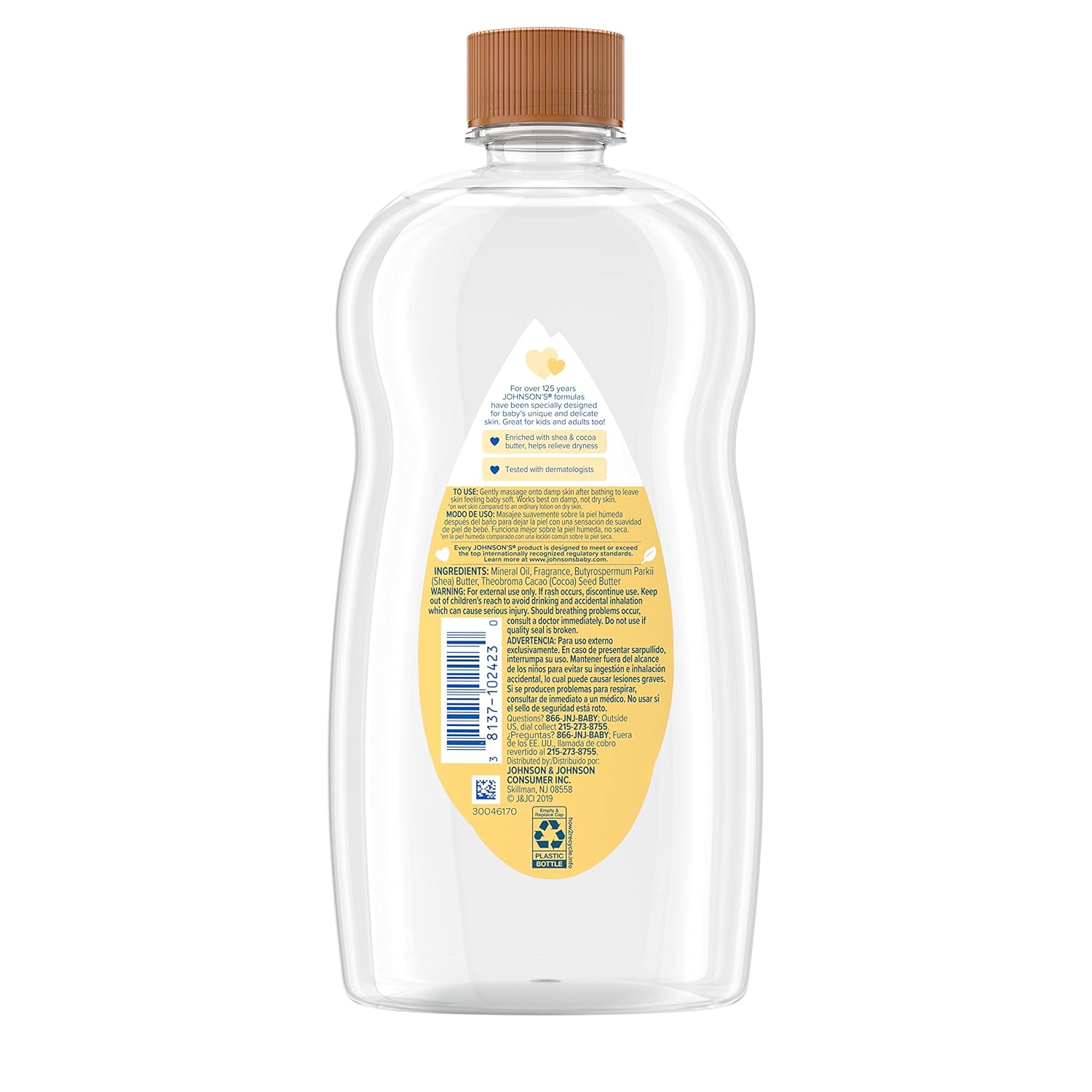 Johnsons & Johnsons baby oil with Shea & cocoa butter to help relieve dryness - directions and warning on bottle.