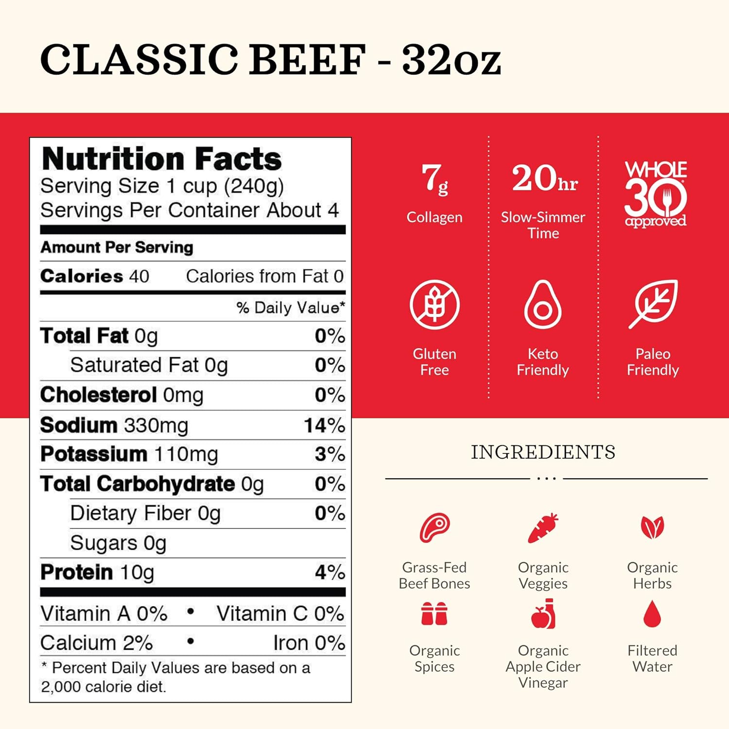 Nutrition label and ingredient list for Kettle & Fire classic beef bone broth - Gluten free, Keto friendly and Paleo friendly