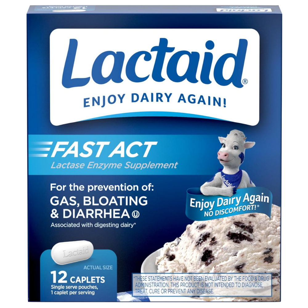 Lactaid enzyme supplement for the prevention of gas, bloating and diarrhea - 12 capsules to enjoy dairy again