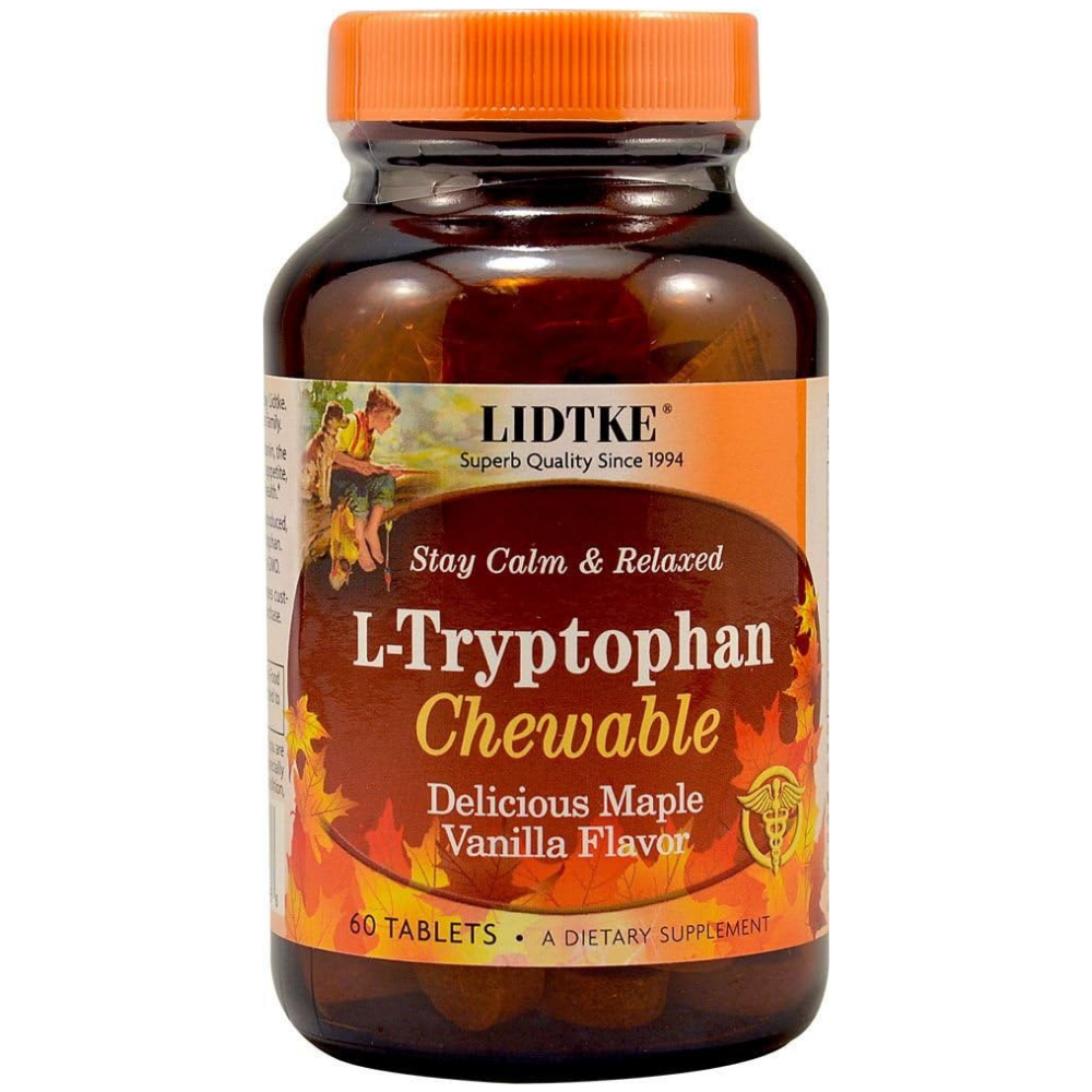 Bottle of L-Tryptophan Chewable Tablets in Vani..a flavour to help stay calm and focused
