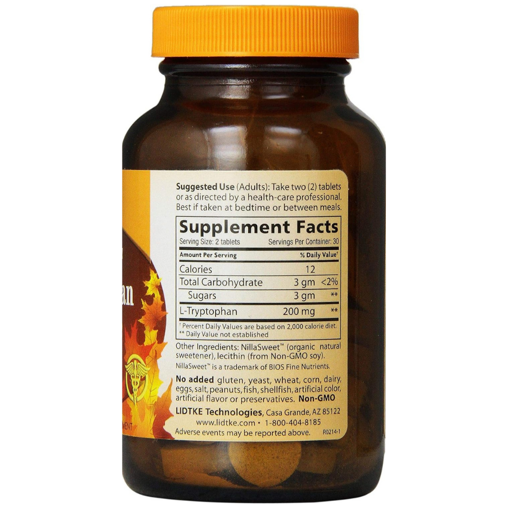 Back of a supplement bottle of Lidtke L-Tryptophan - amino acid supplement for brain