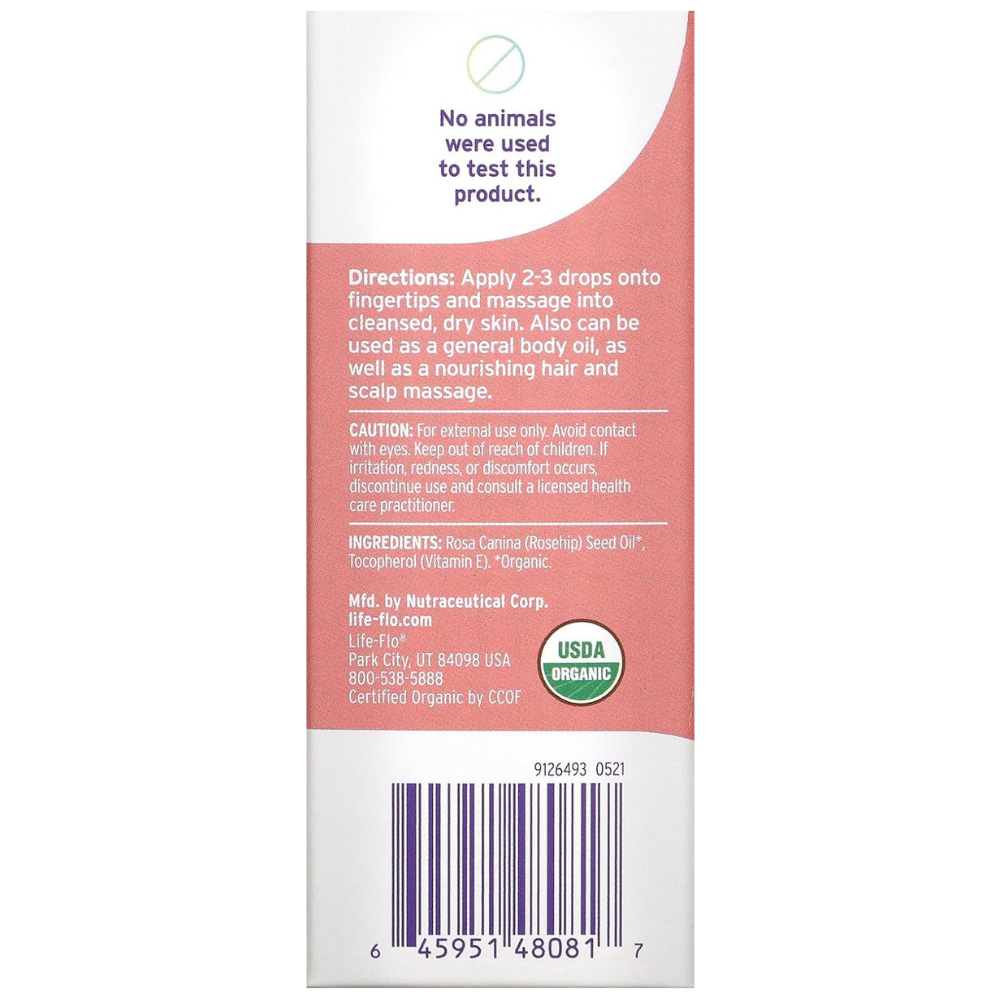 Back of package of Life Flo pure rosehip seed oil with directions and certifications