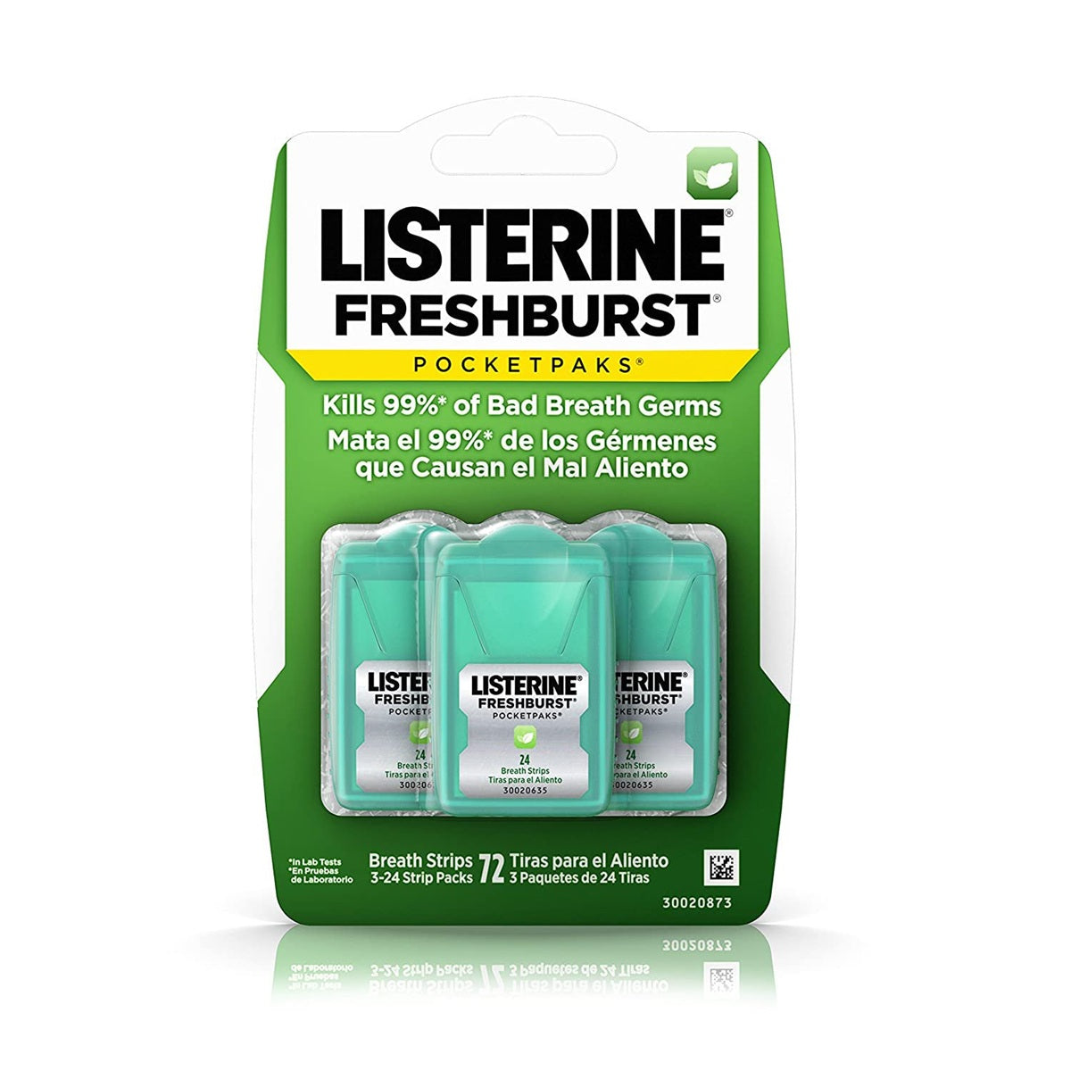 Package of Listerine pocketpaks freshburst breath strips (72 count) to keep breath fresh.