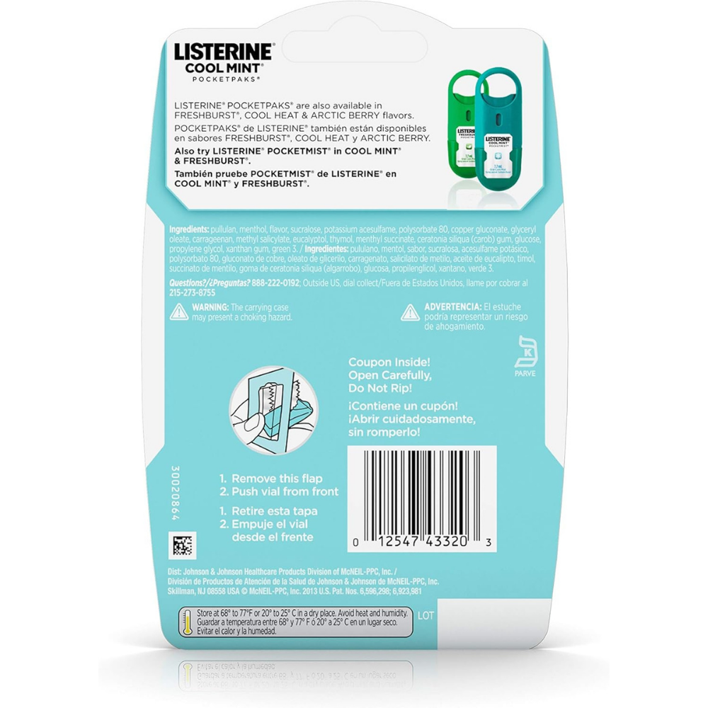Back view of Listerine Pocketpaks cool mint breath strips packaging with text and branding.