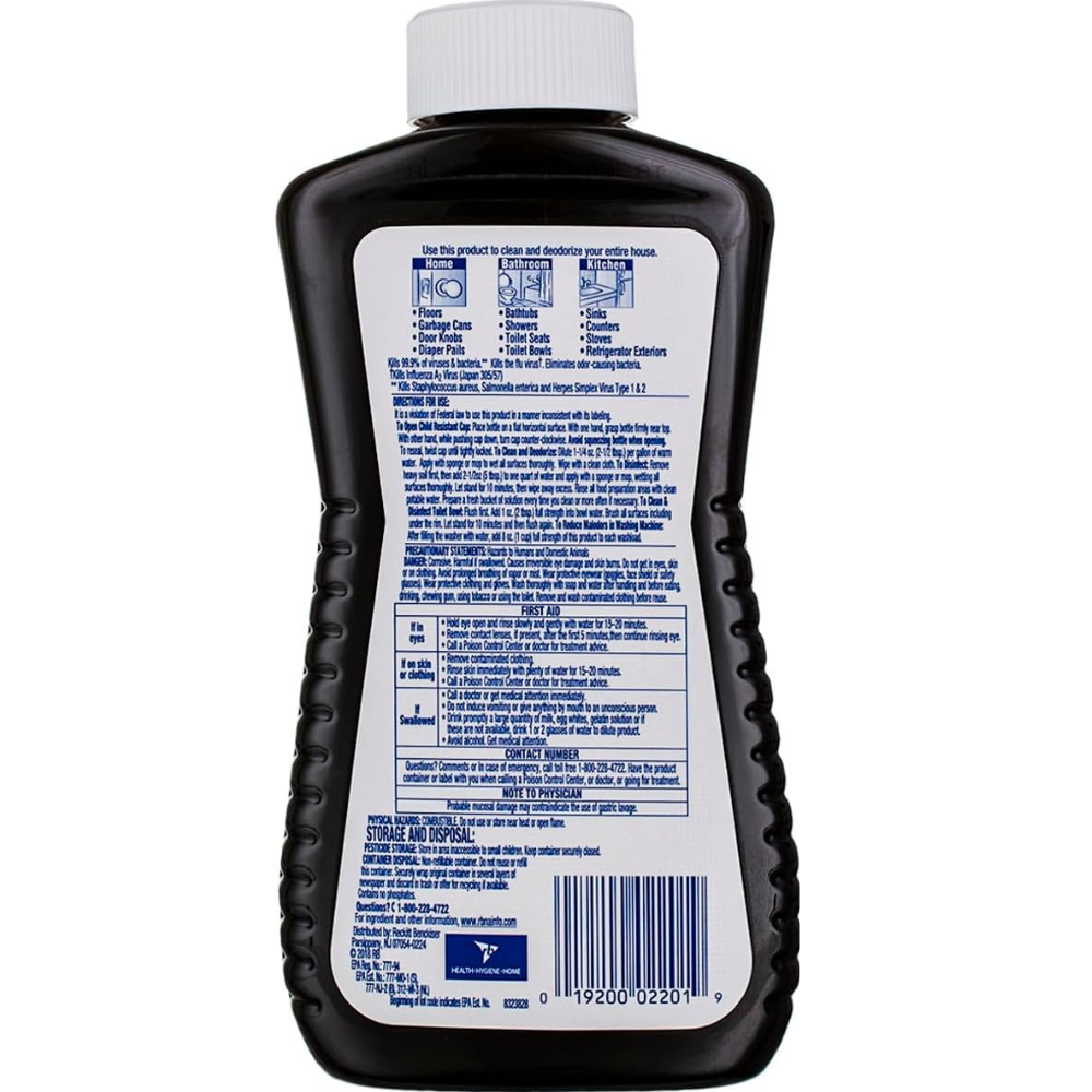 Back of bottle of Lysol disinfectant cleaner in the original scent with ingredients and directions.