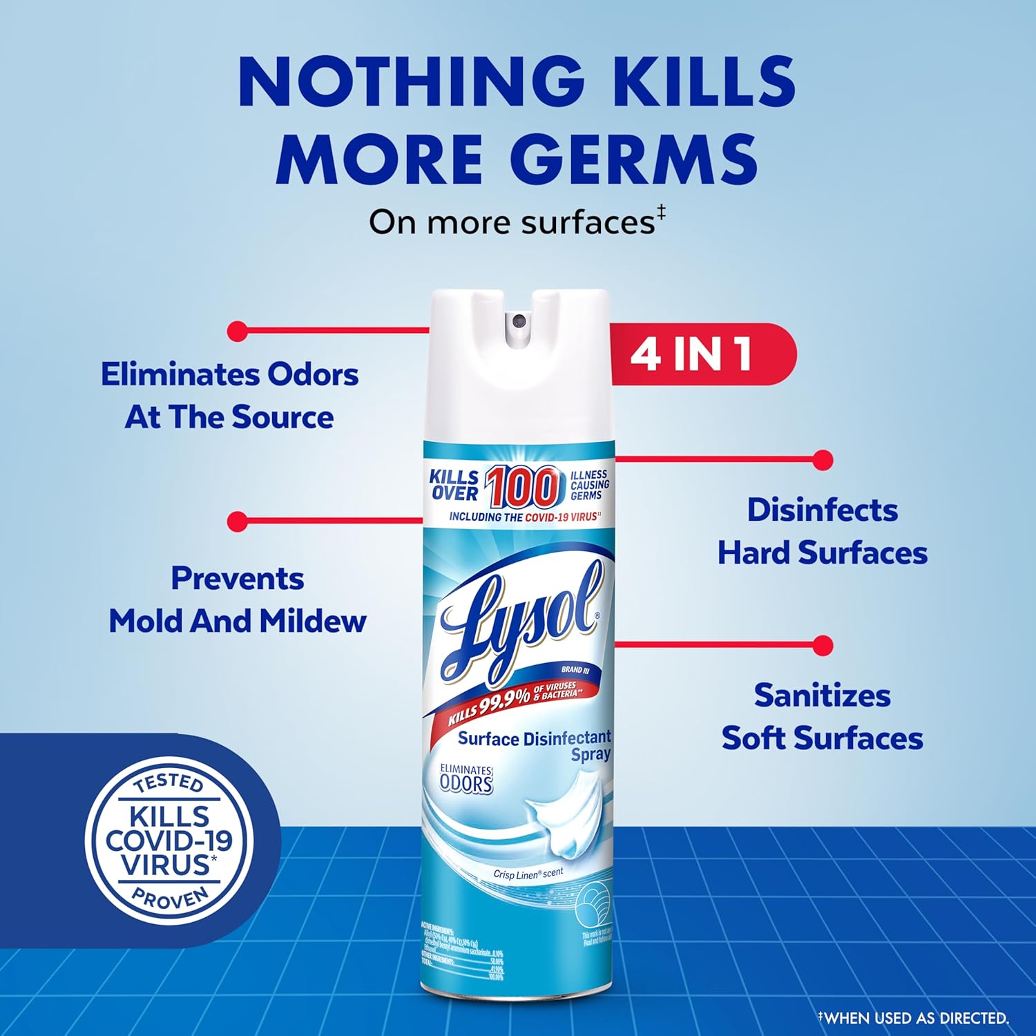 Lysol disinfectant spray kills germs, eliminates odors, prevents mold & mildew, disinfects hard surfaces and sanitizes soft surfaces.