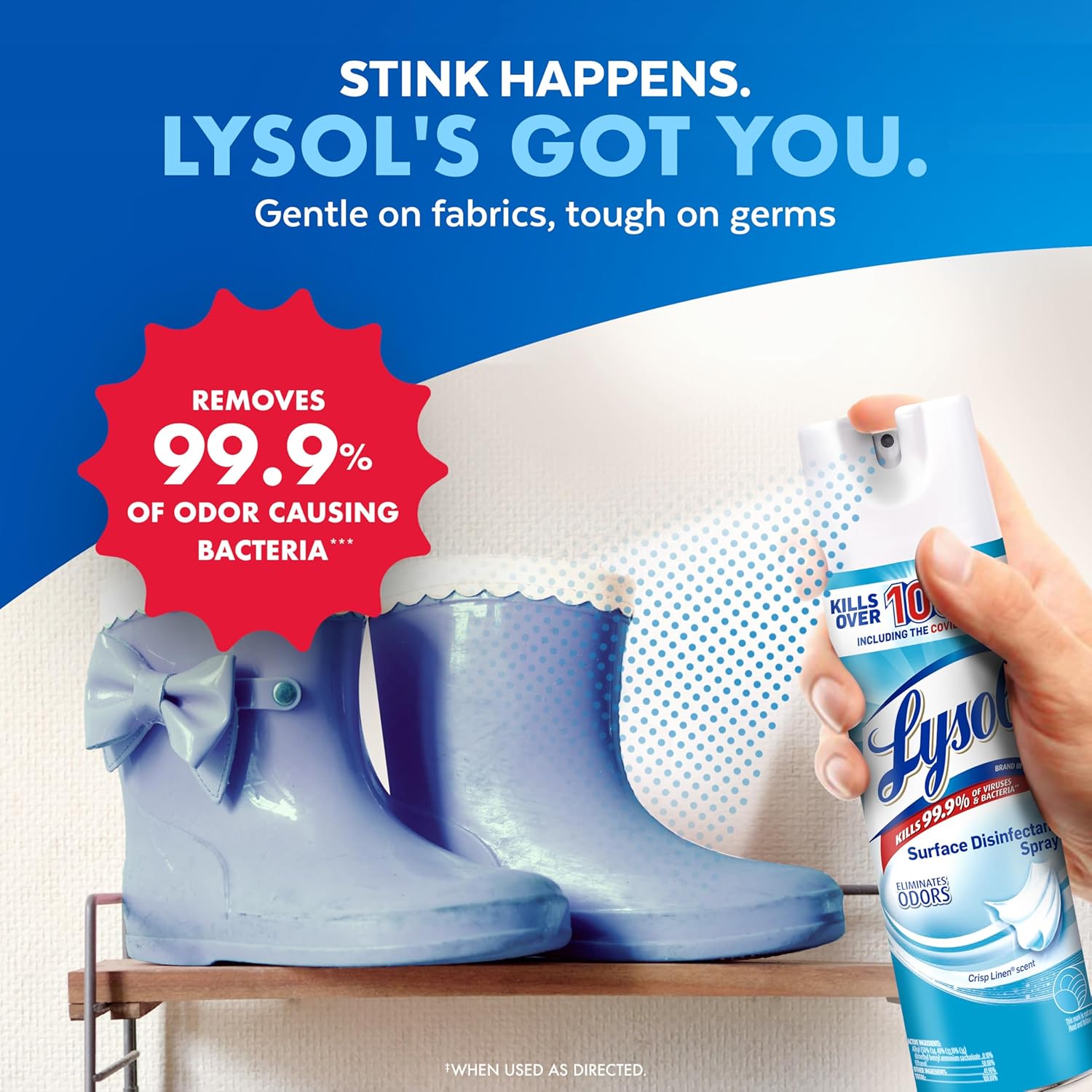 Can of Lysol disinfecting spray is gentle on fabrics and tough on germs.