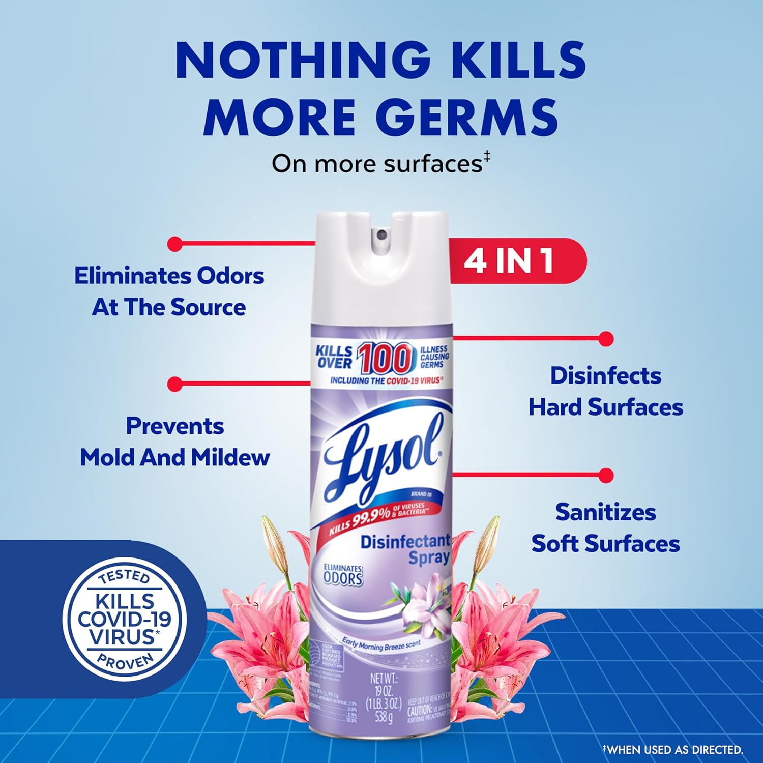 Nothing kills more germs on surfaces than Lysol disinfectant spray, eliminates odors, prevents mod and mildew and sanitizes soft surfaces.
