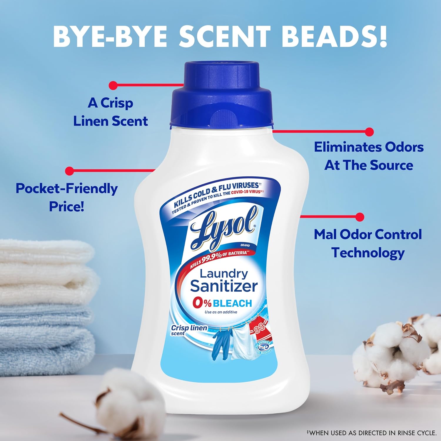 Lysol laundry sanitizer with 0% bleach, a crisp linen scent, odor control and pocket-friendly price.