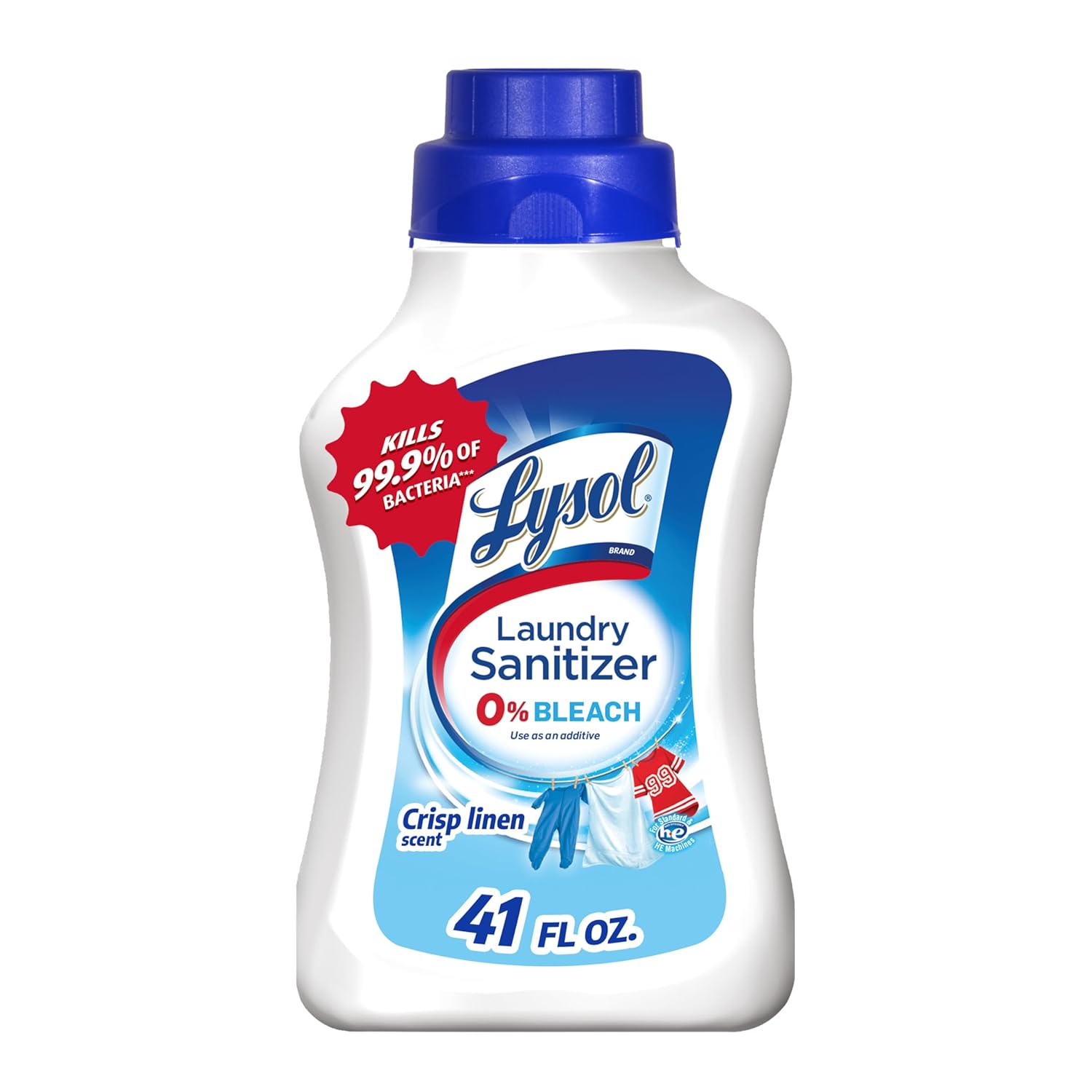 A bottle of Lysol Laundry Sanitizer in Crisp Linen scent, with 0% bleach to kill 99.9% of bacteria.