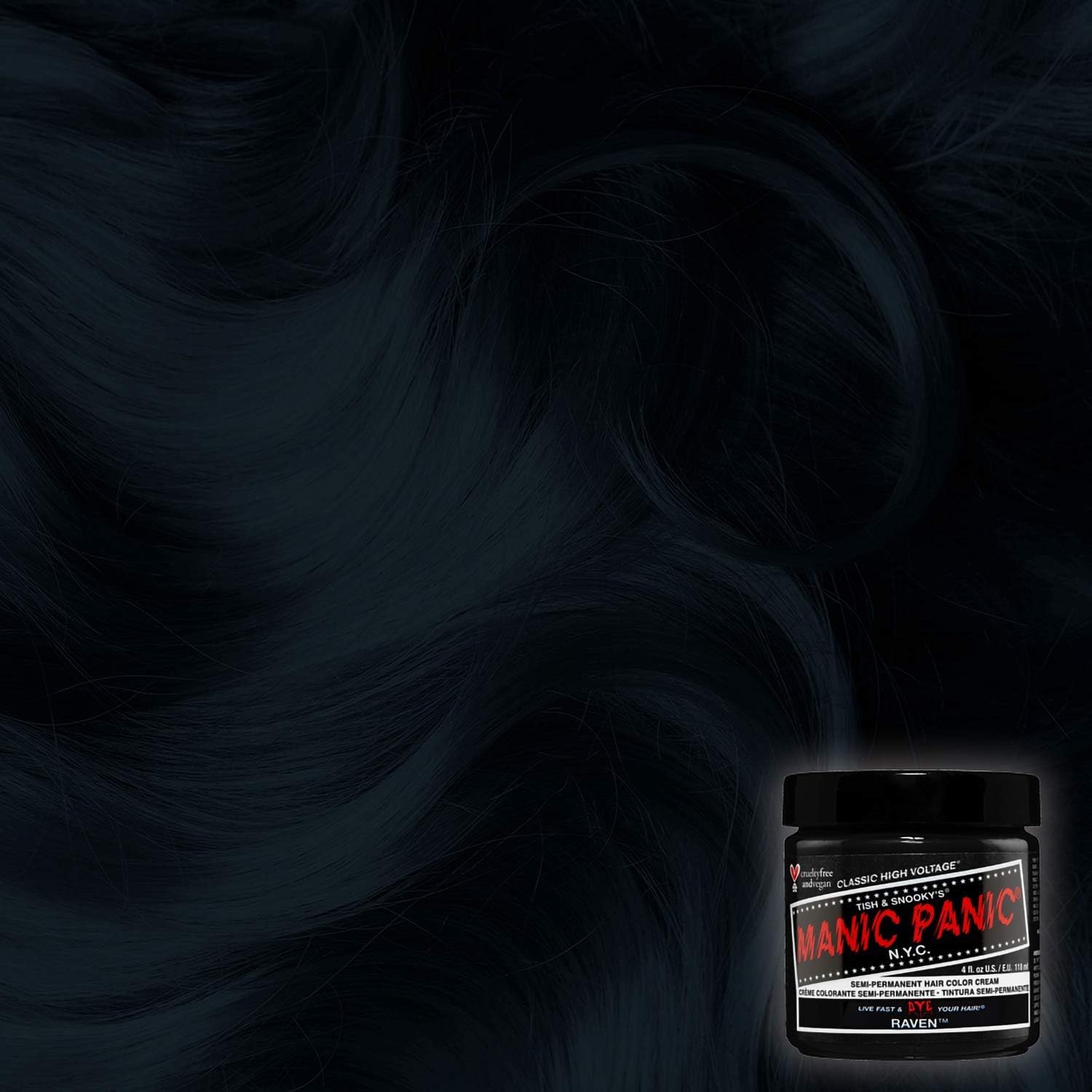 Manic Panic hair color dye with sample of black hair