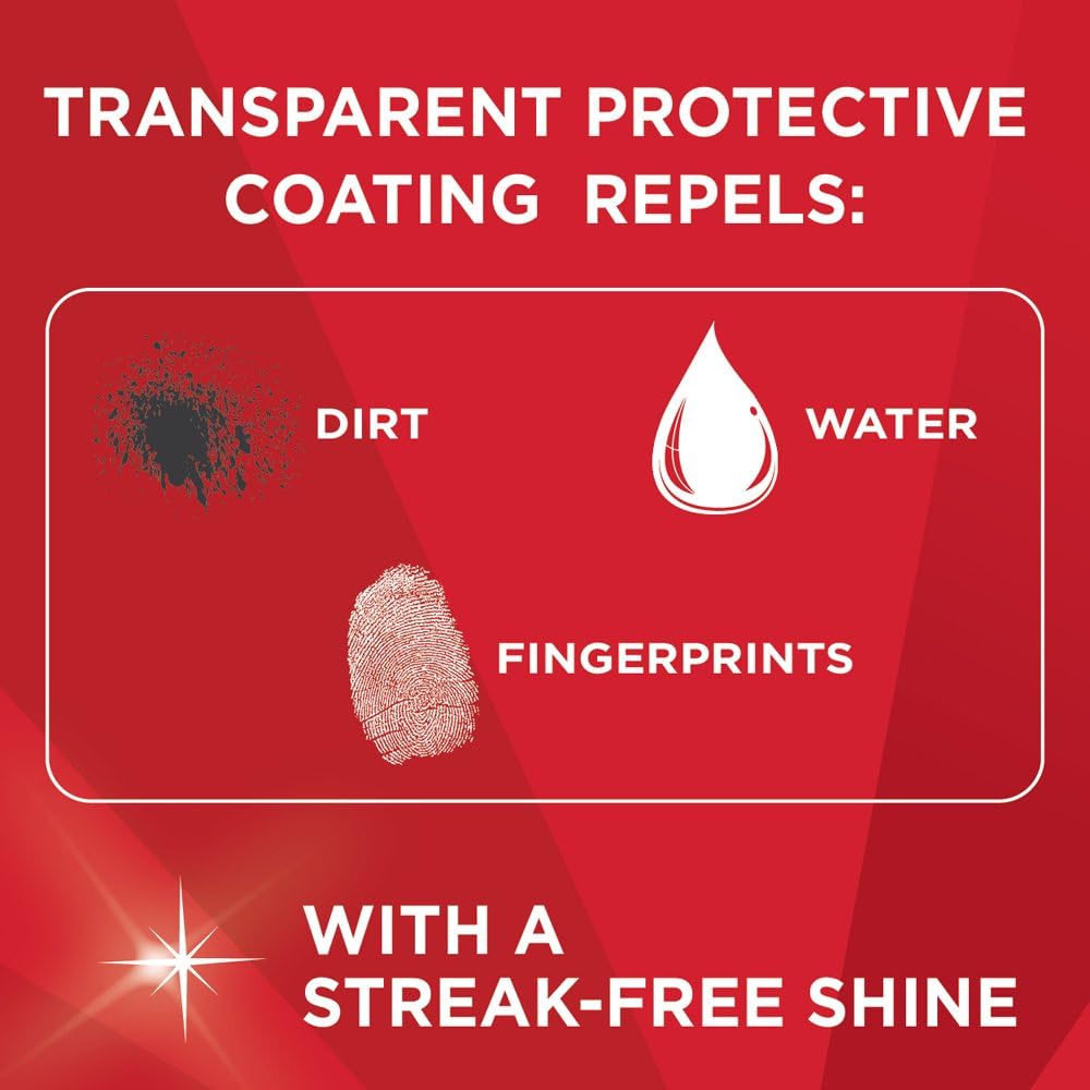 Magic stainless steel cleaner with transparent protective coating to repel dirt, water & fingerprints with a streak-free shine.