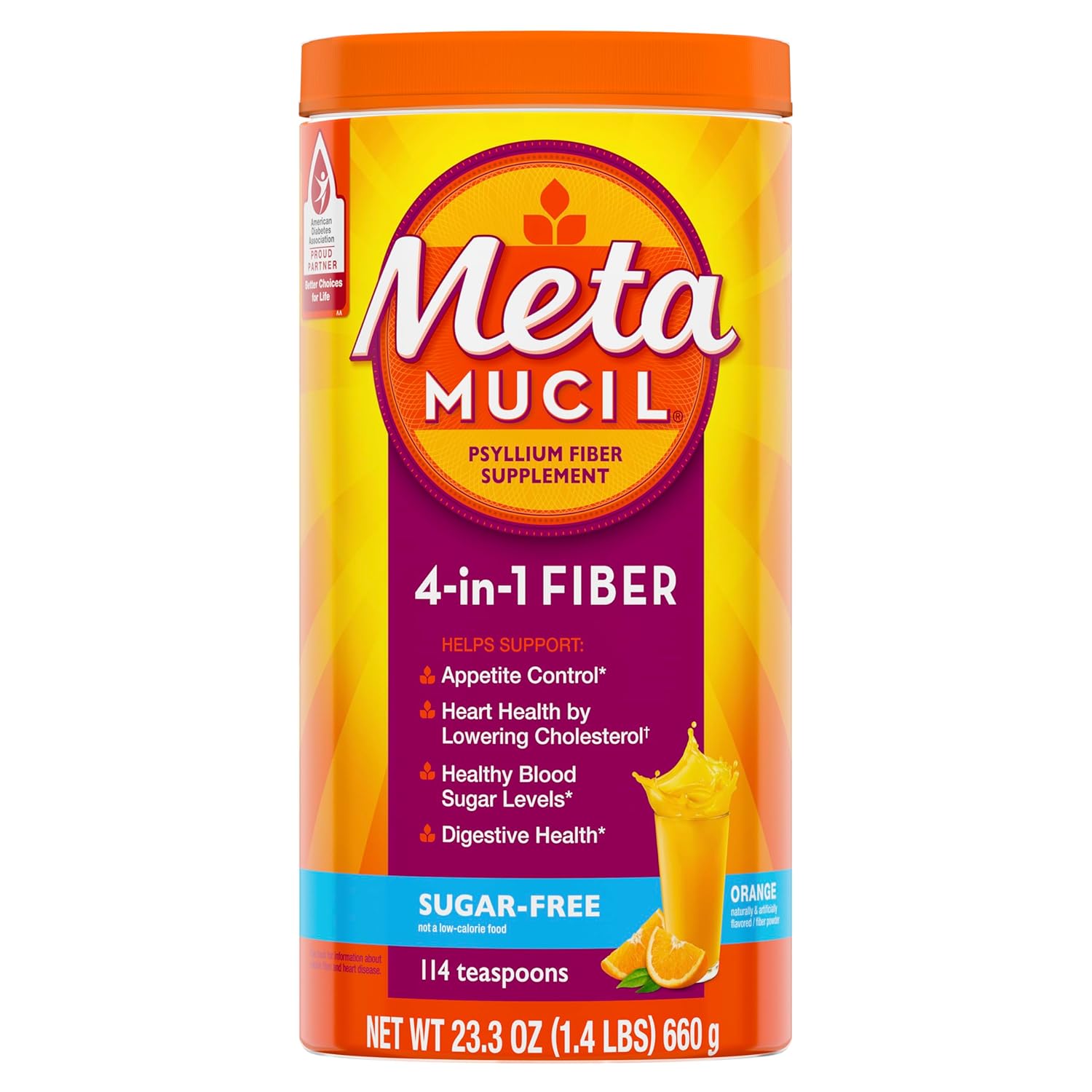 A container of Metamucil 4-in-1 Fiber supplement in orange flavor, sugar free psyllium fiber supplement.