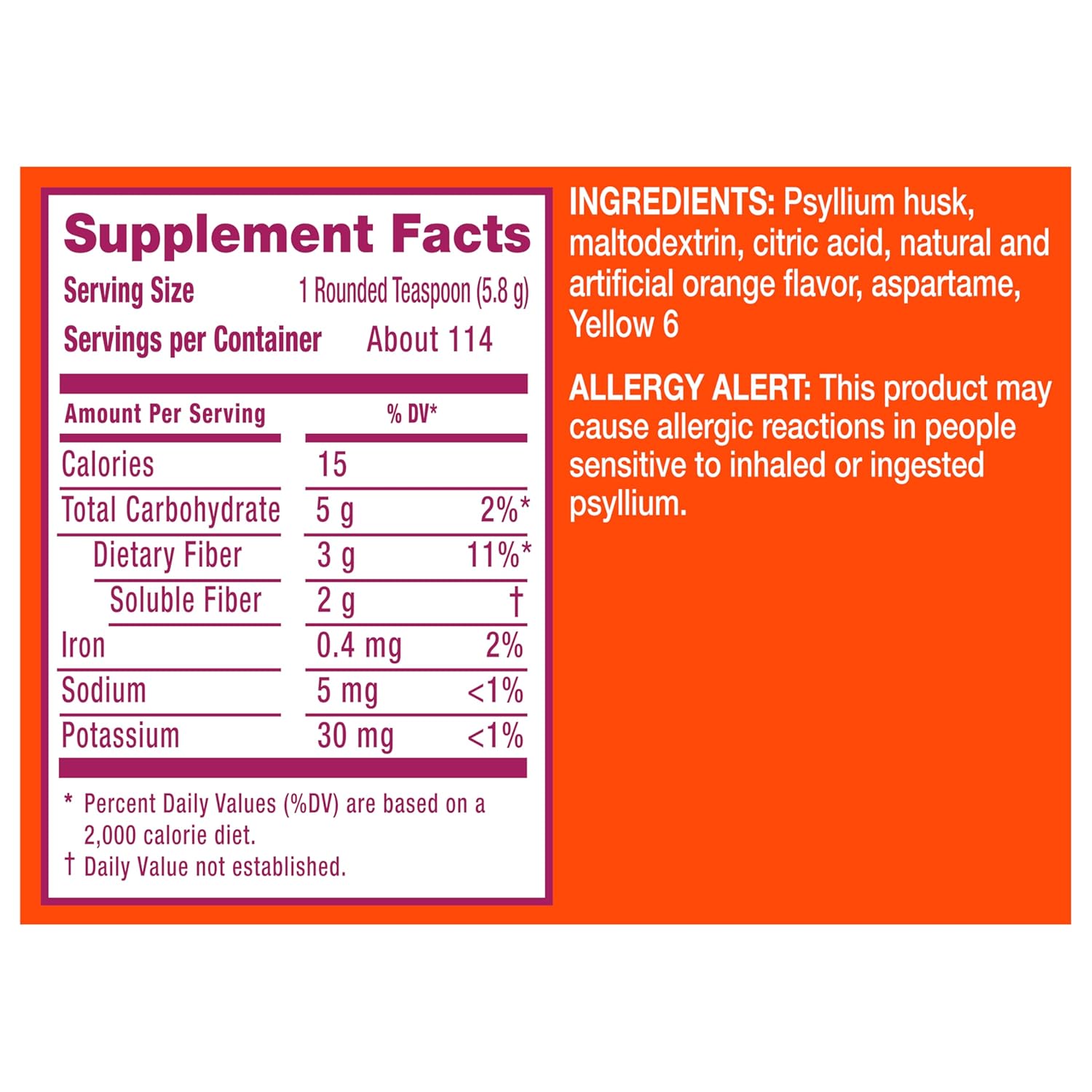 Metamucil 4-in-1 fiber supplement facts, ingredients and allergy alert to support bloating issues.