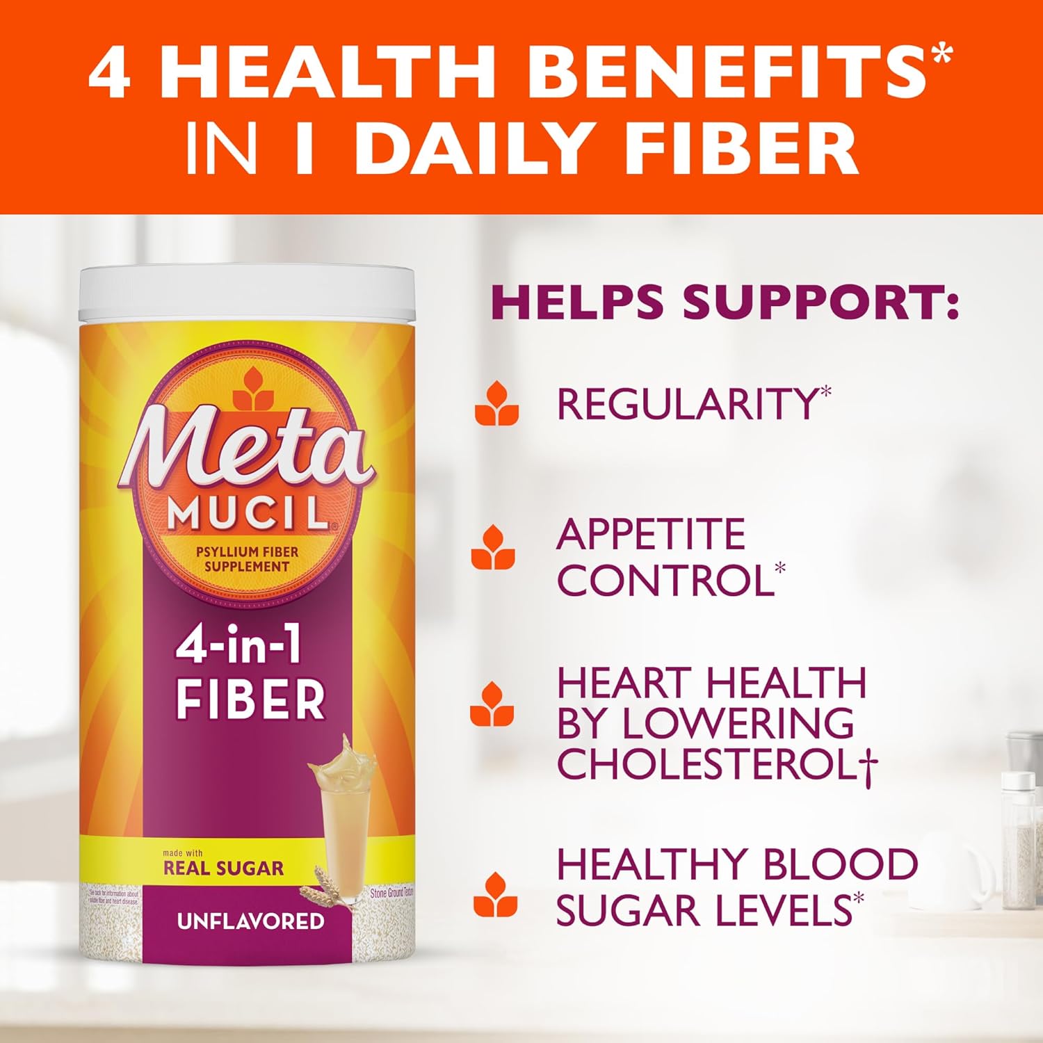 Metamulic psyllium fiber supplement 4-in-1 fiber made with read sugar to support regularity, appetite control, heart health and healthy blood sugar levels.