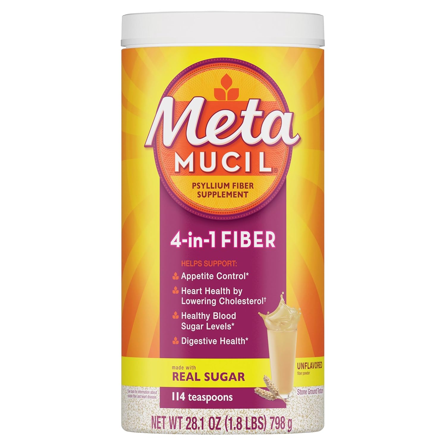 MetaMucil Daily Fiber Supplement container, powder, 4-in-1 fiber, with Appetite Control, Heart Health, Blood Sugar Levels, Digestive Health benefits, real sugar, 114 doses.