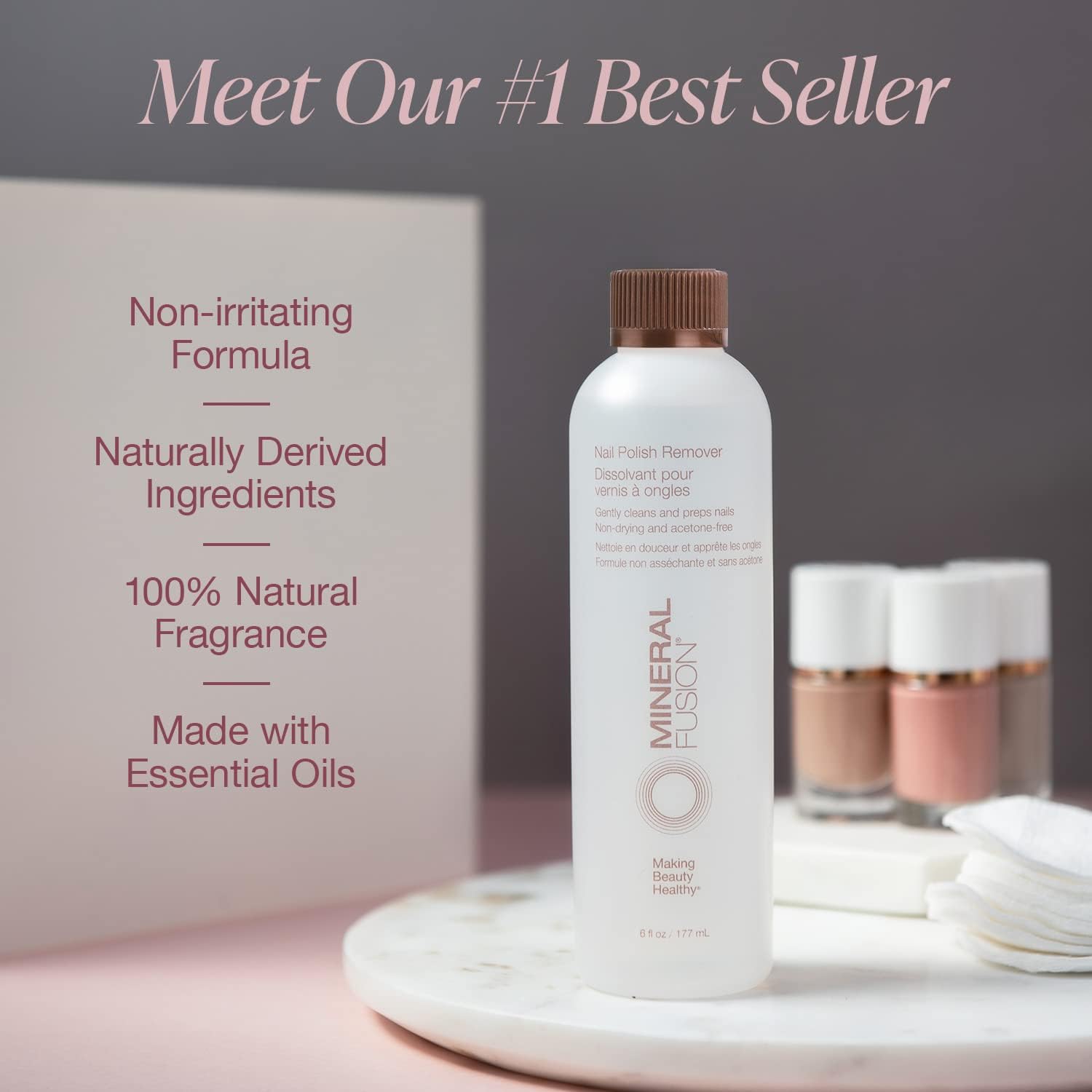 Mineral Fusion skincare product features including 100% natural fragrance, made with essential oils and non-irritating natural formula
