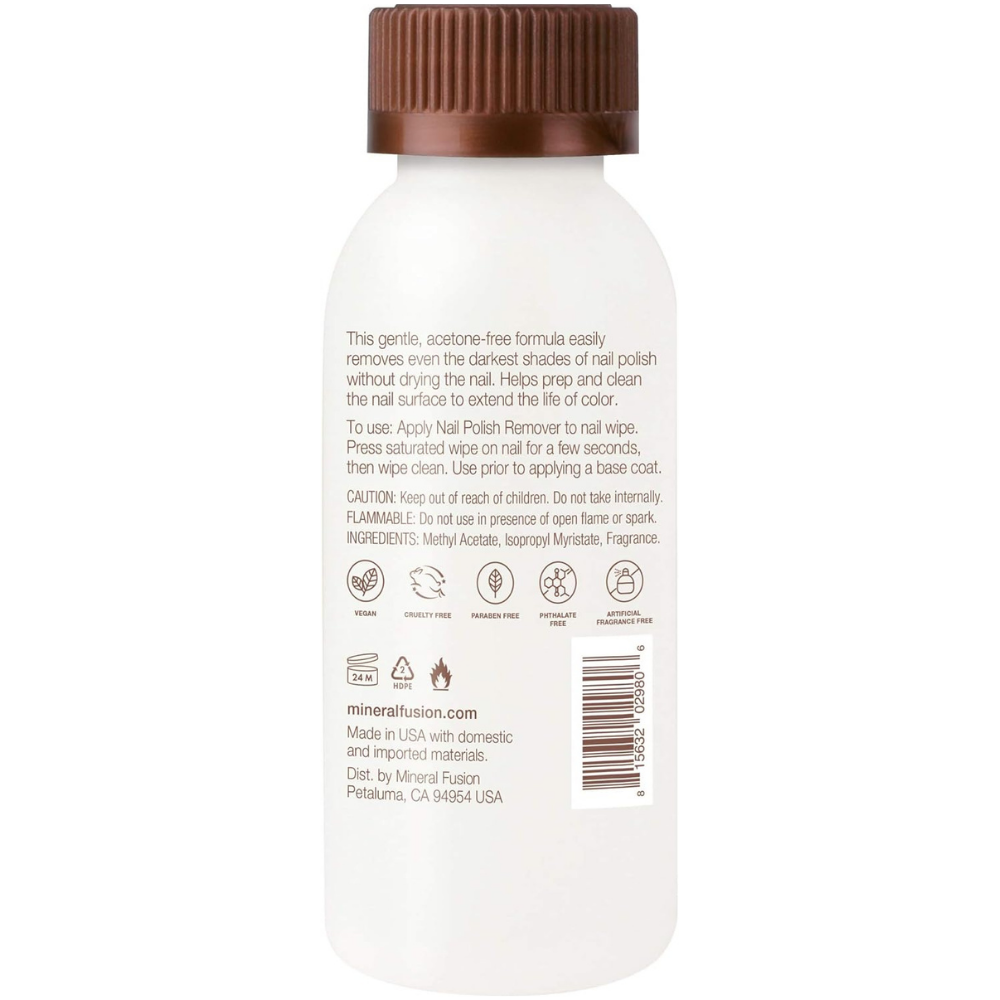 Back of a bottle of Mineral Fusion mini nail polish remover with features.