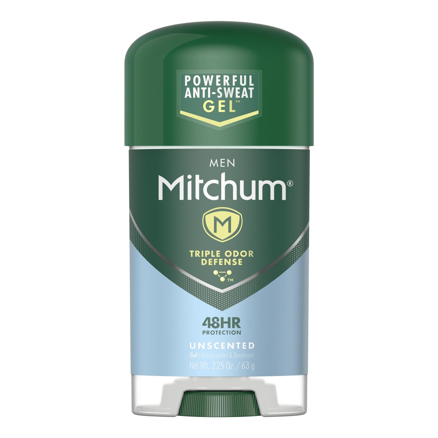 Mitchum men's powerful anti-sweat gel, triple odor defense 48hour protection unscented deodorant.