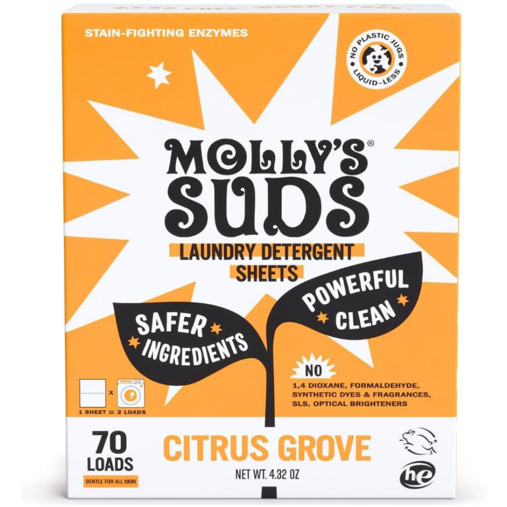 Box of Molly's Suds laundry detergent sheets in citrus grove scent, laundry detergent made with safer ingredients