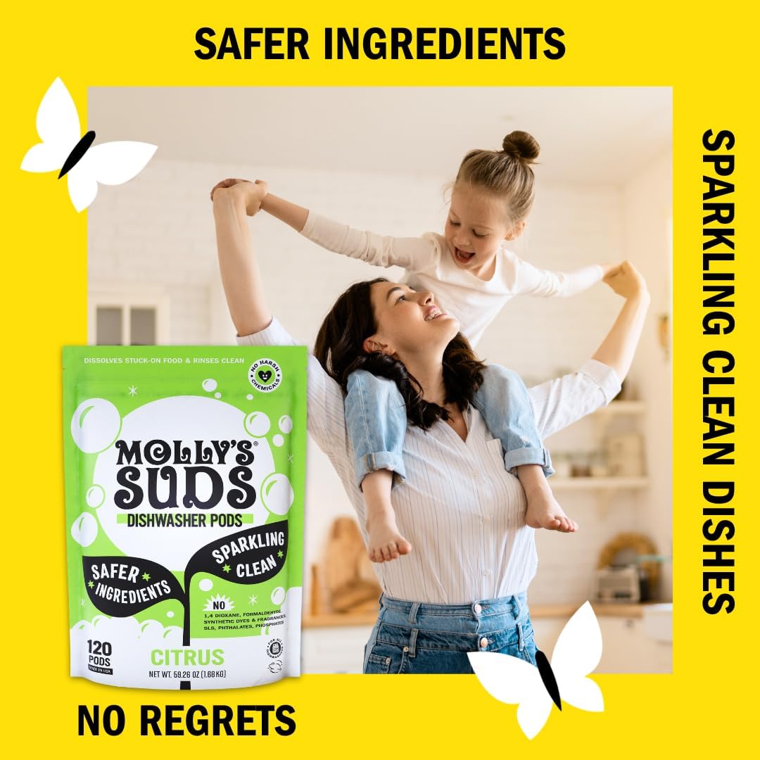 Molly's Suds dishwasher pods emphasizing safer ingredients and sparkling clean dishes.