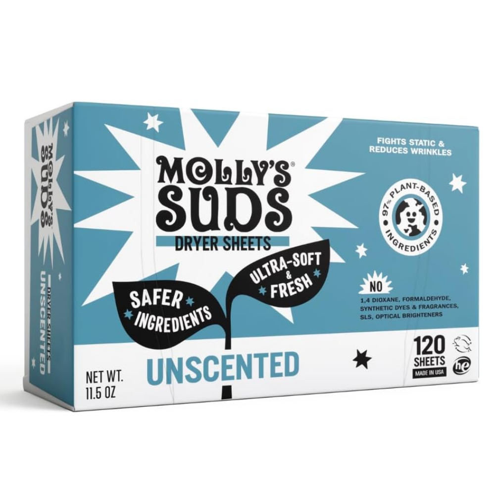Box of Molly's Suds dryer sheets unscented fabric softener to fight static and reduce wrinkles
