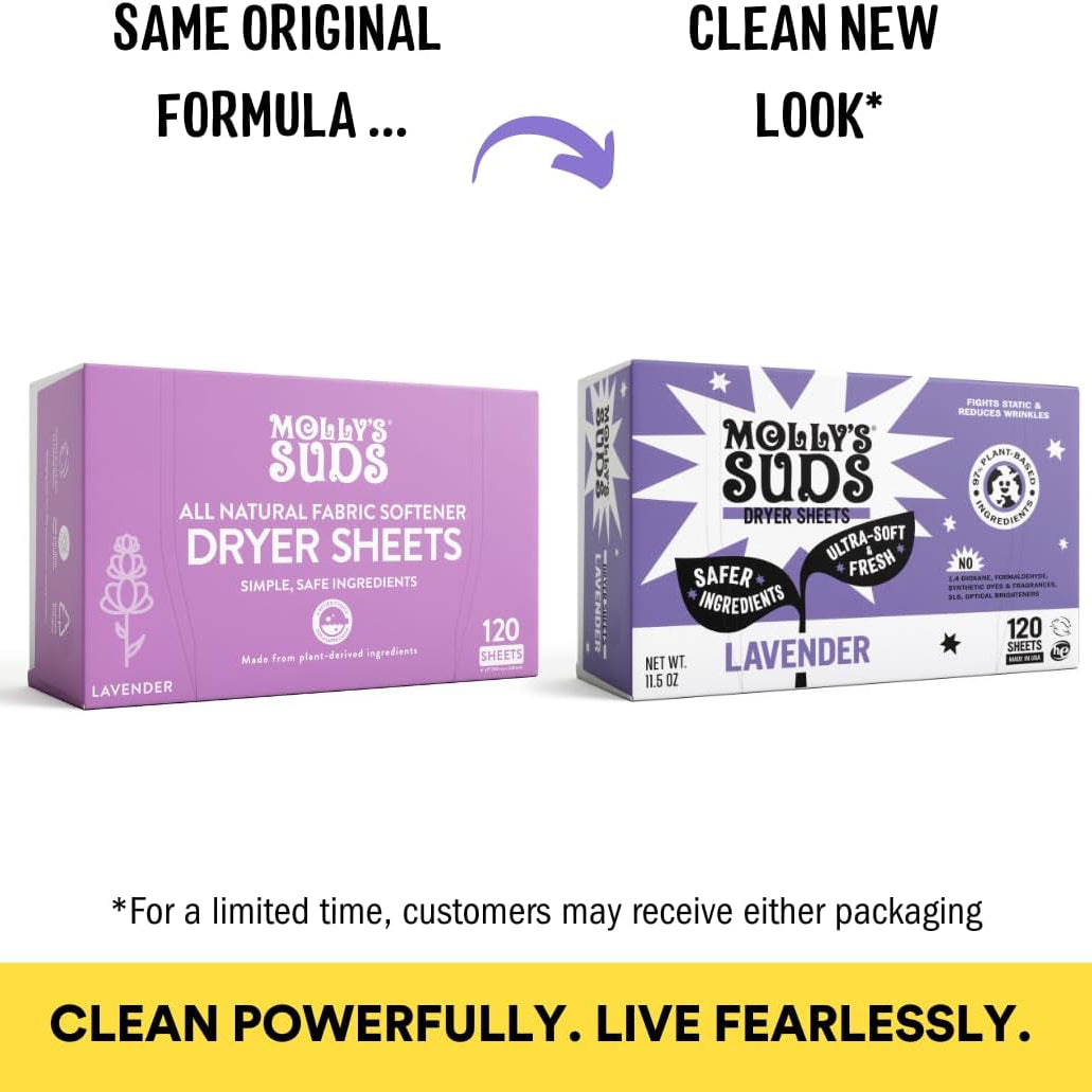 Two boxes of Molly's Suds dryer sheets with text indicating a new look for the lavender scented dryer sheets