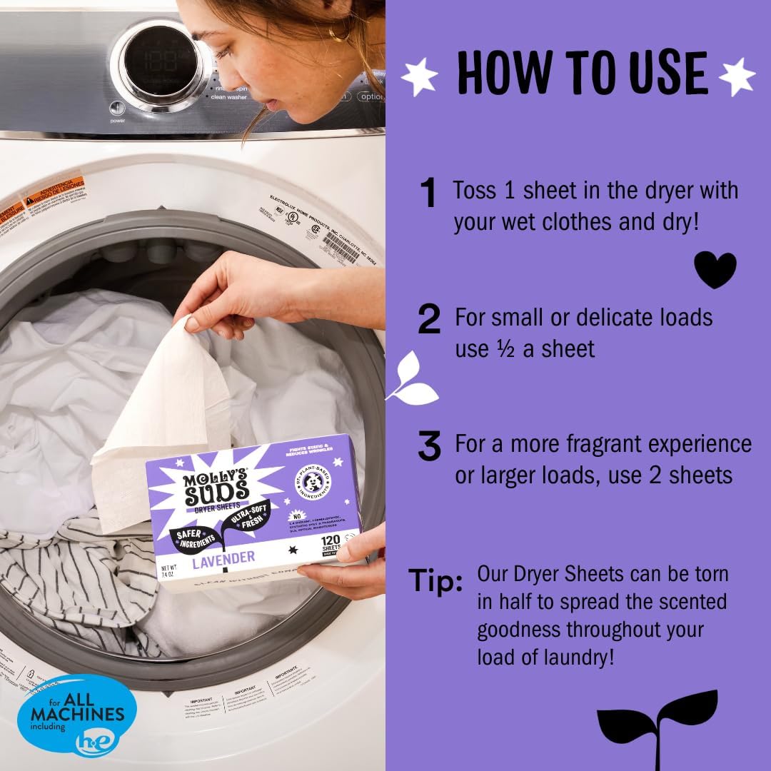 Instructions for use of Molly's Suds Fabric Softener Dryer Sheets in lavender scent