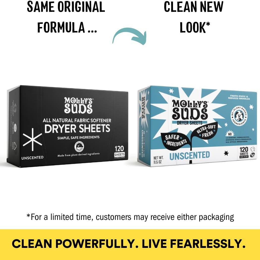 Molly's Suds dryer sheets with text indicating a new look and limited-time offer for static free fabric softener dryer sheets
